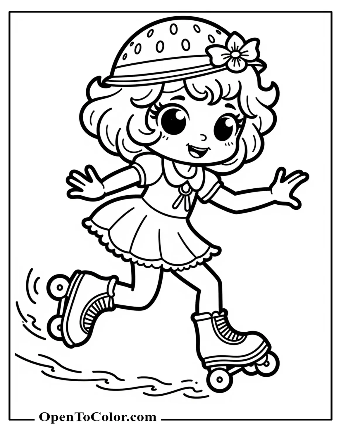Free Coloring Page of Strawberry Shortcake Doing a Playful Spin on Roller Skates, Motion Lines Trailing, Cartoon Vibe