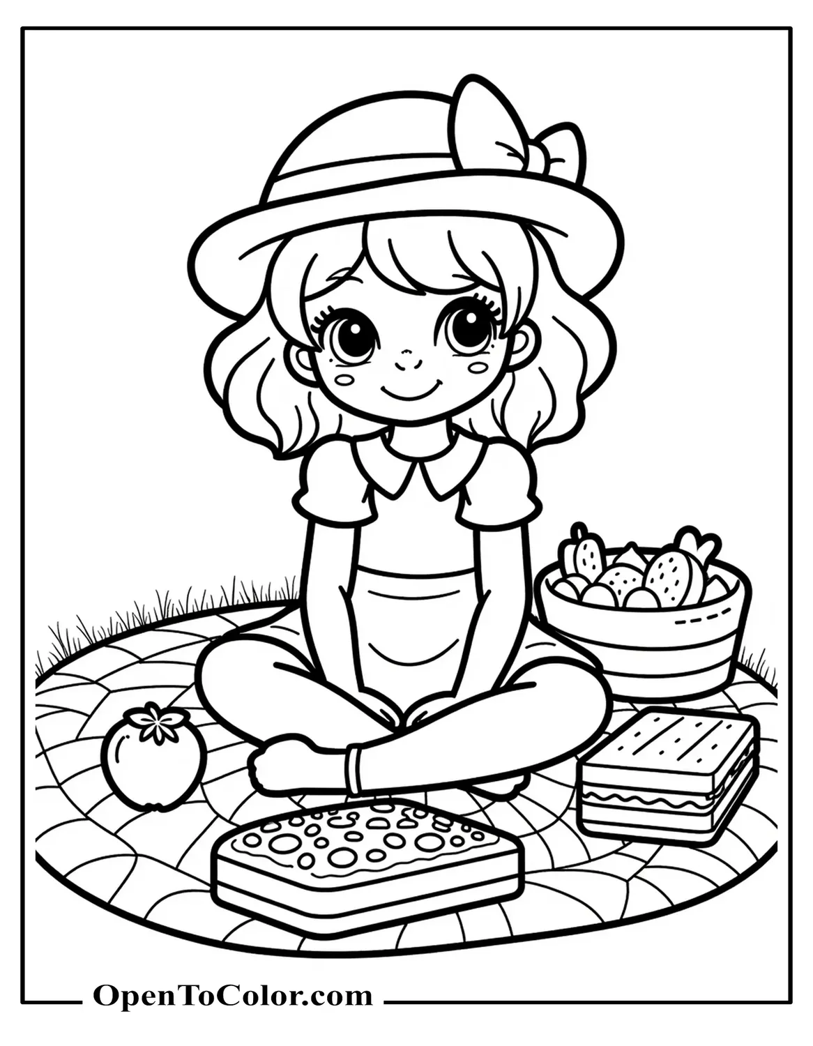 Free Coloring Sheet of Strawberry Shortcake Sitting Cross-Legged on a Picnic Blanket with Sandwiches and Berries Laid Out