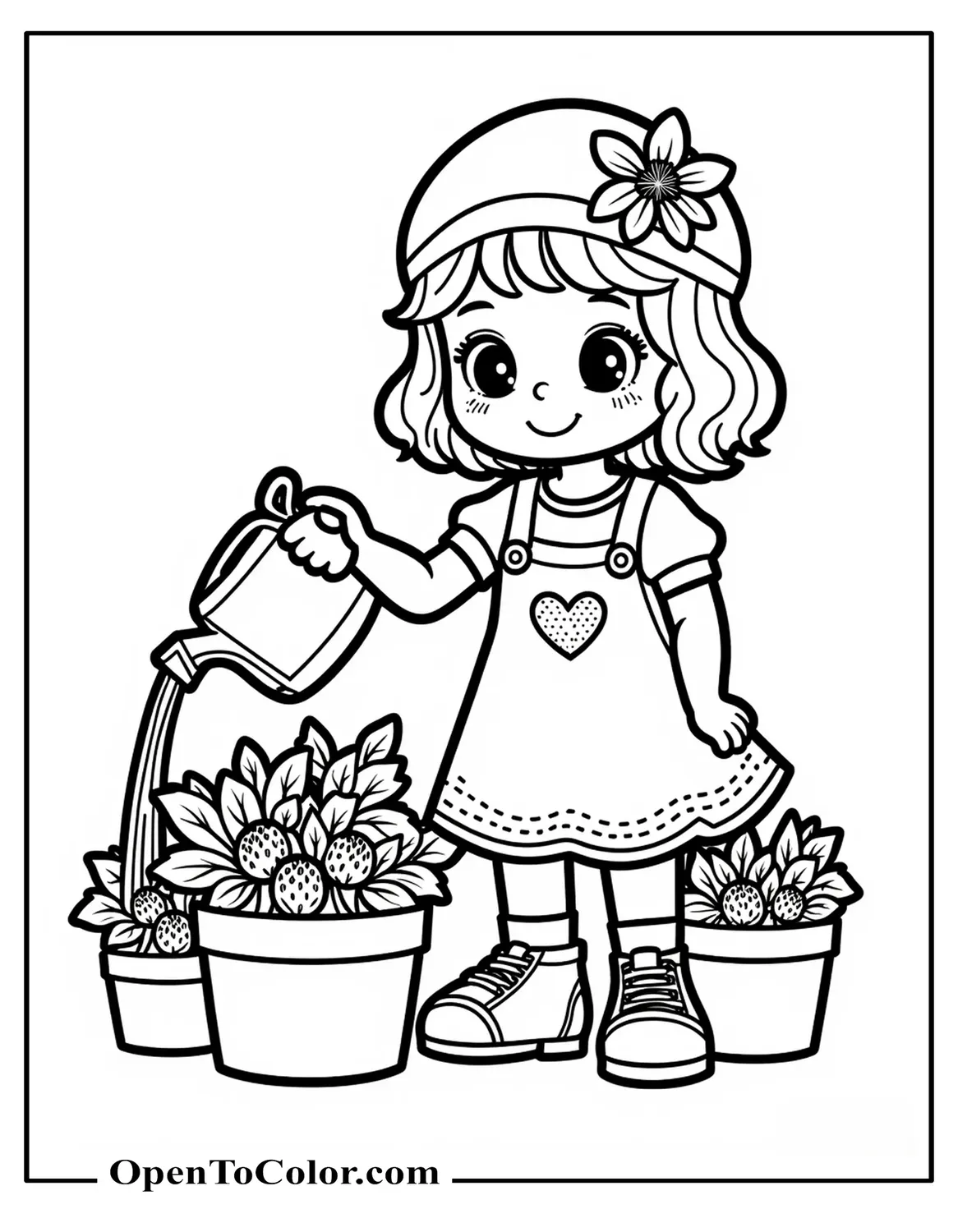 Strawberry Shortcake spraying water from a small can onto berry plants in neat pots, printable coloring sheet.