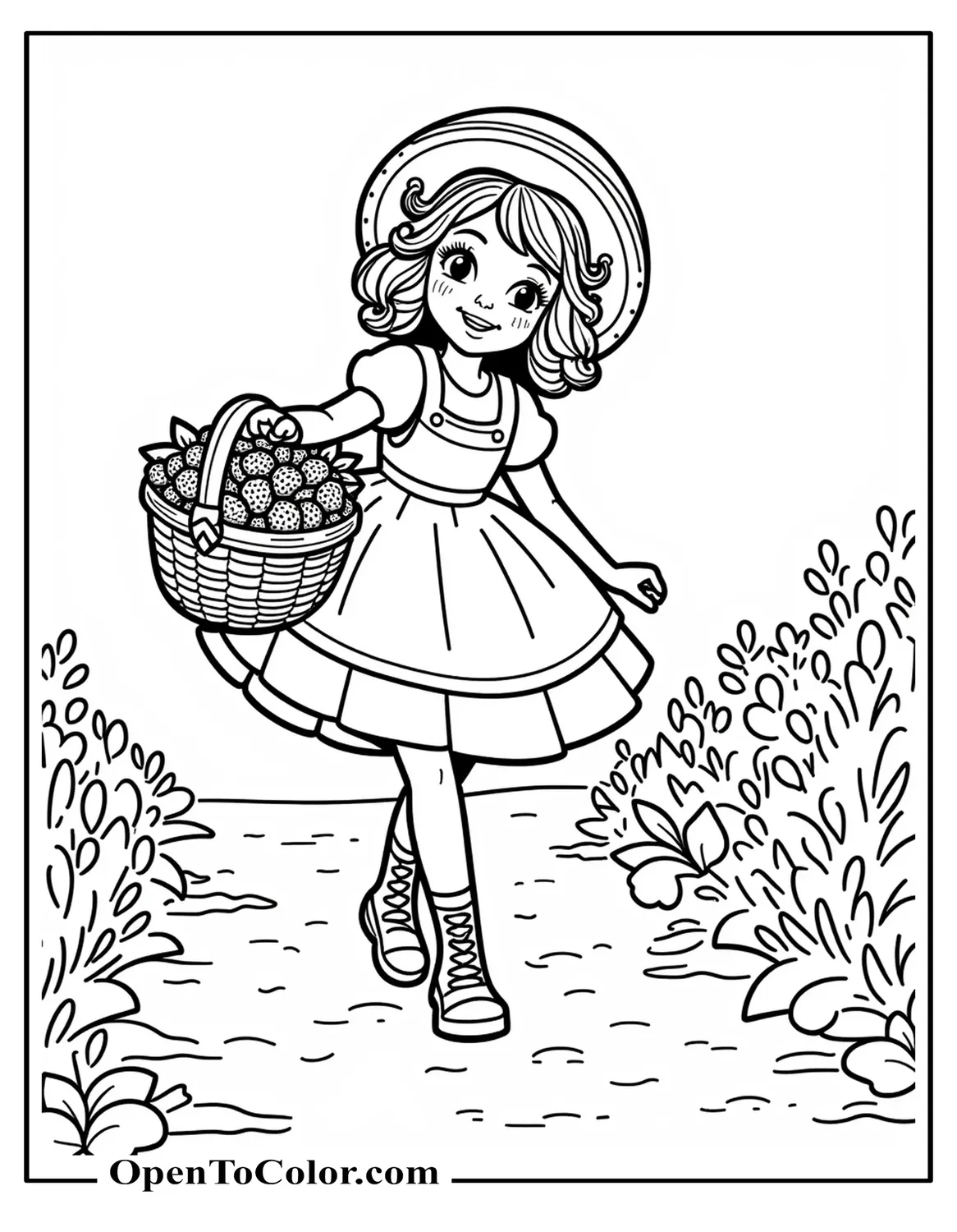 Free Coloring Sheet of Strawberry Shortcake Carrying a Woven Basket Overflowing with Fresh Berries Down a Path