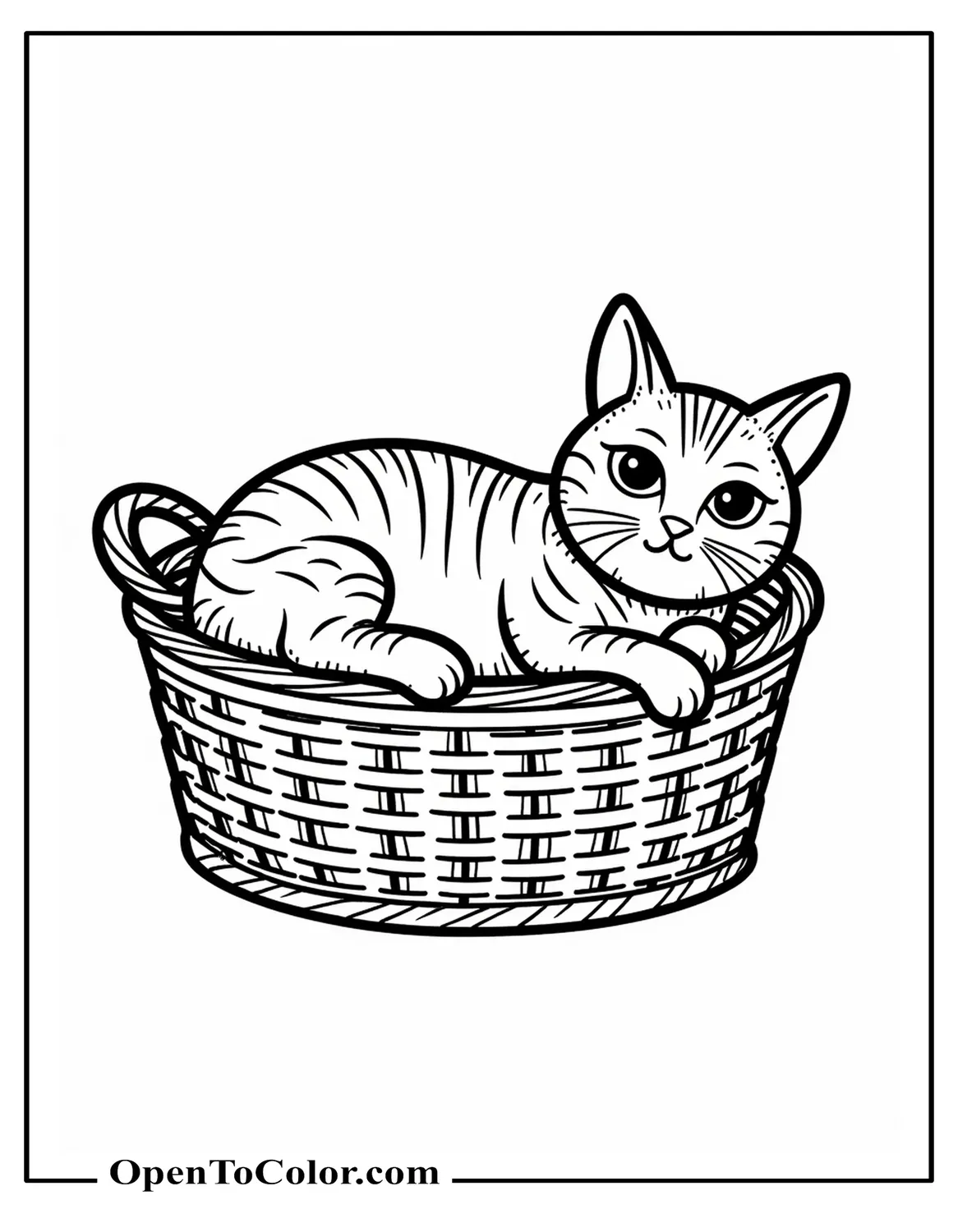 Coloring sheet PDF of a cat with striped fur lying in a basket.