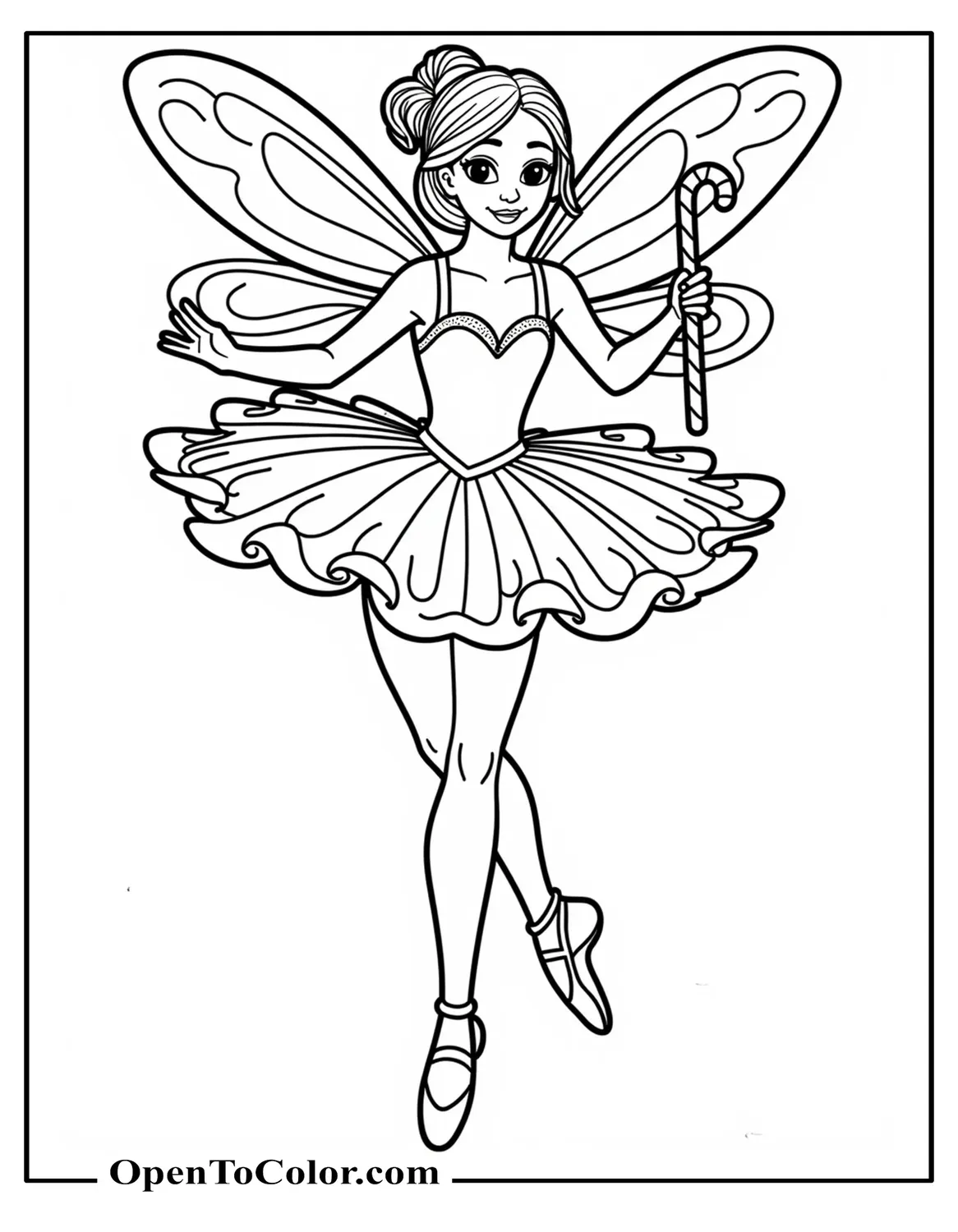 Free coloring page of a sugar-plum ballerina fairy twirling with candy canes.