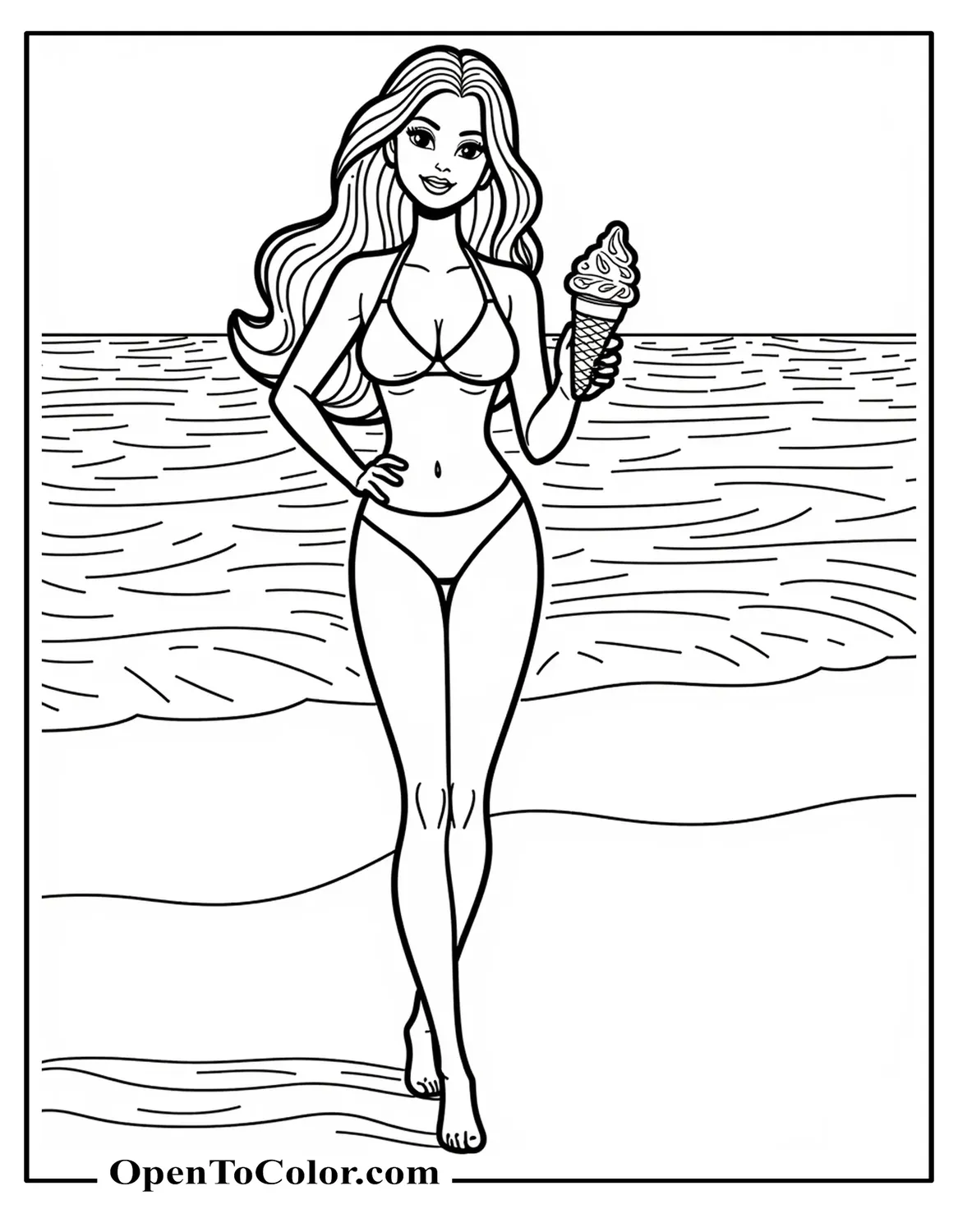 Free Coloring Page: Barbie in a Swimsuit Holding an Ice Cream Cone at the Beach