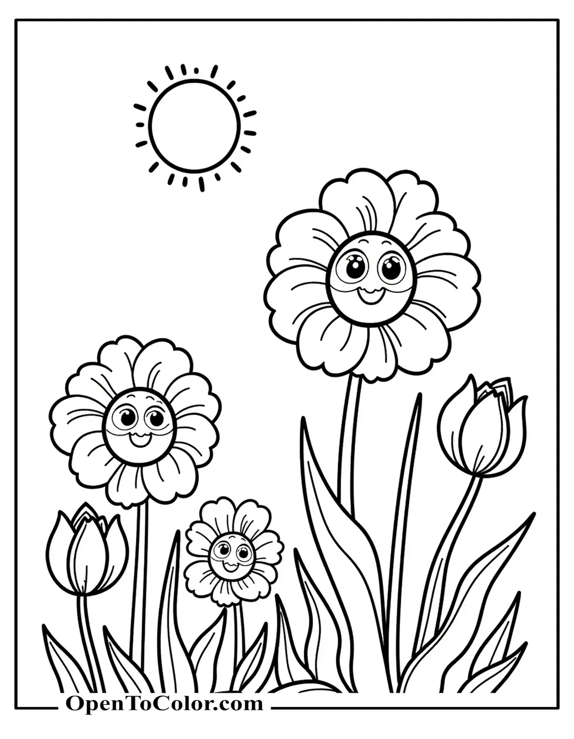 Flowers in Full Bloom Coloring Page with Sun in the Background PDF