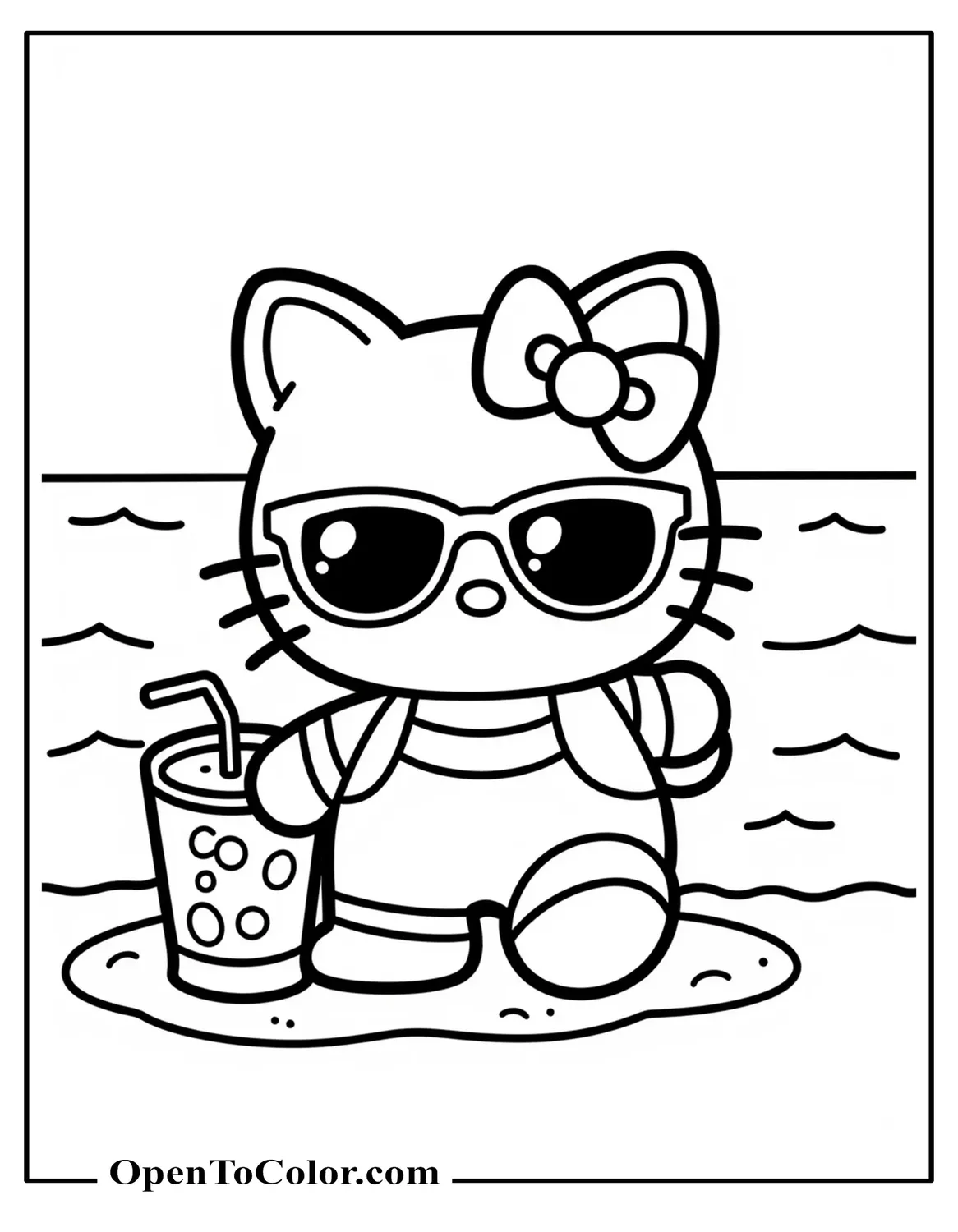 Hello Kitty on the Beach with Sunglasses and Lemonade, Printable Coloring Sheet