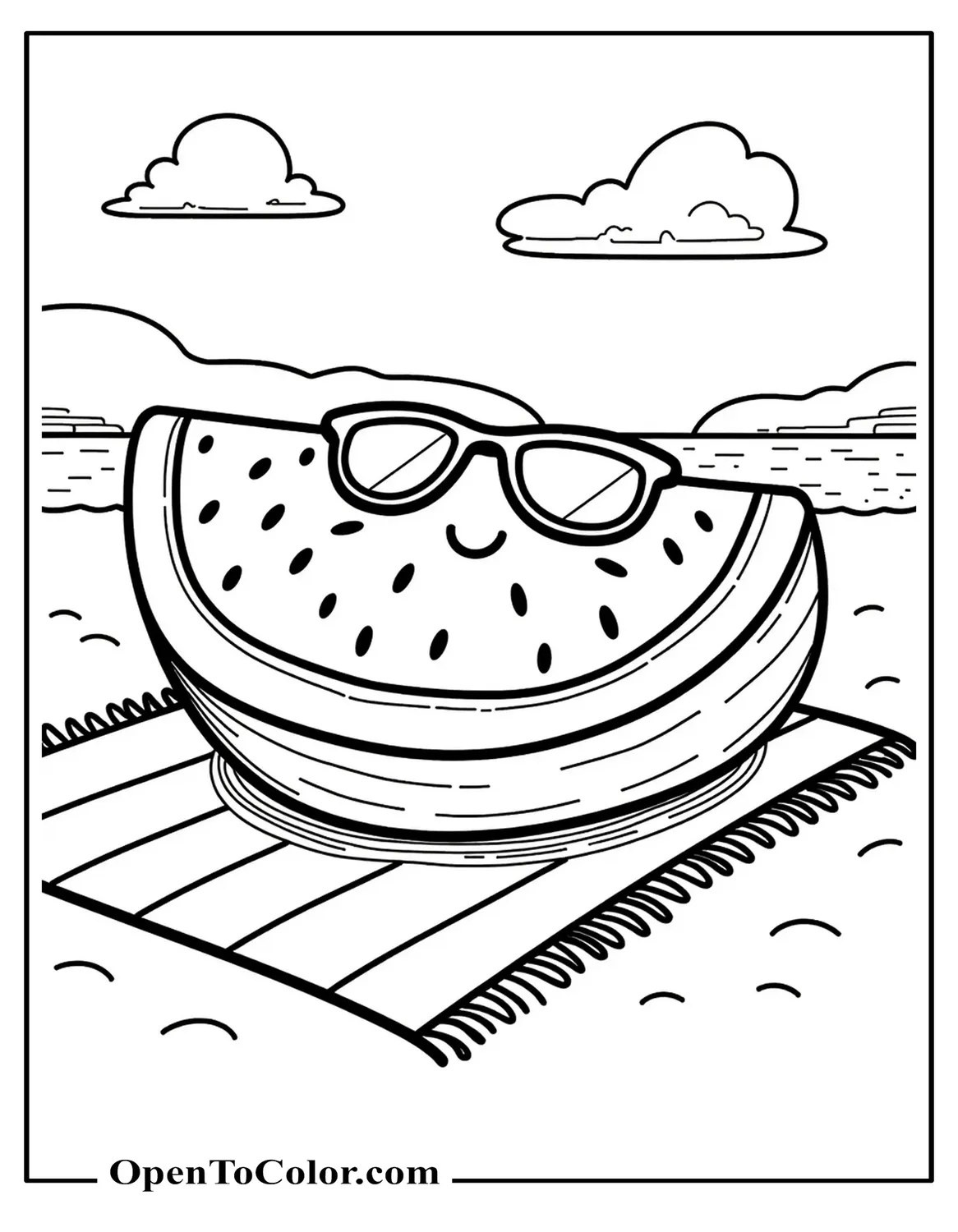 Free Coloring Sheet: Kawaii Watermelon Slice in Sunglasses Relaxing on Beach Towel