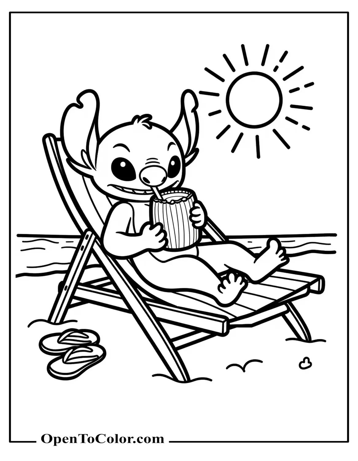 Stitch lounging on a beach chair sipping coconut water, coloring sheet PDF, sun and flip-flops nearby