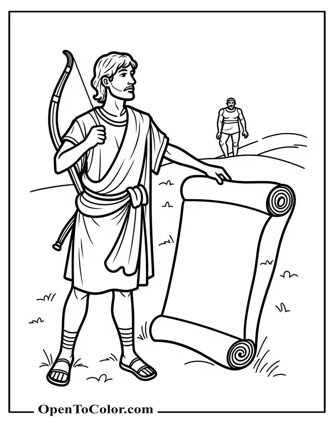 Coloring Page PDF: Sunday-School Style: David (Slingshot Over Shoulder) Beside Open Scroll; Faint Outline Of Goliath Lurking Behind Hill