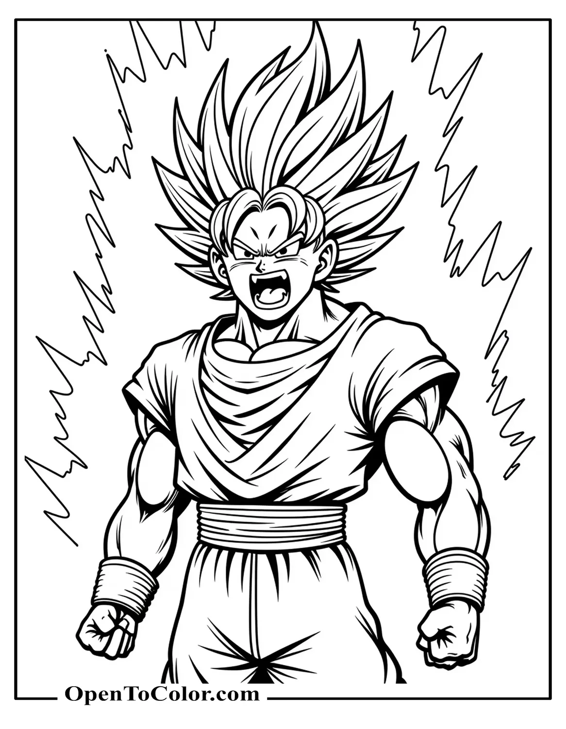 Super Saiyan Goku roaring, golden hair spiking under crackling sparks, coloring sheet PDF