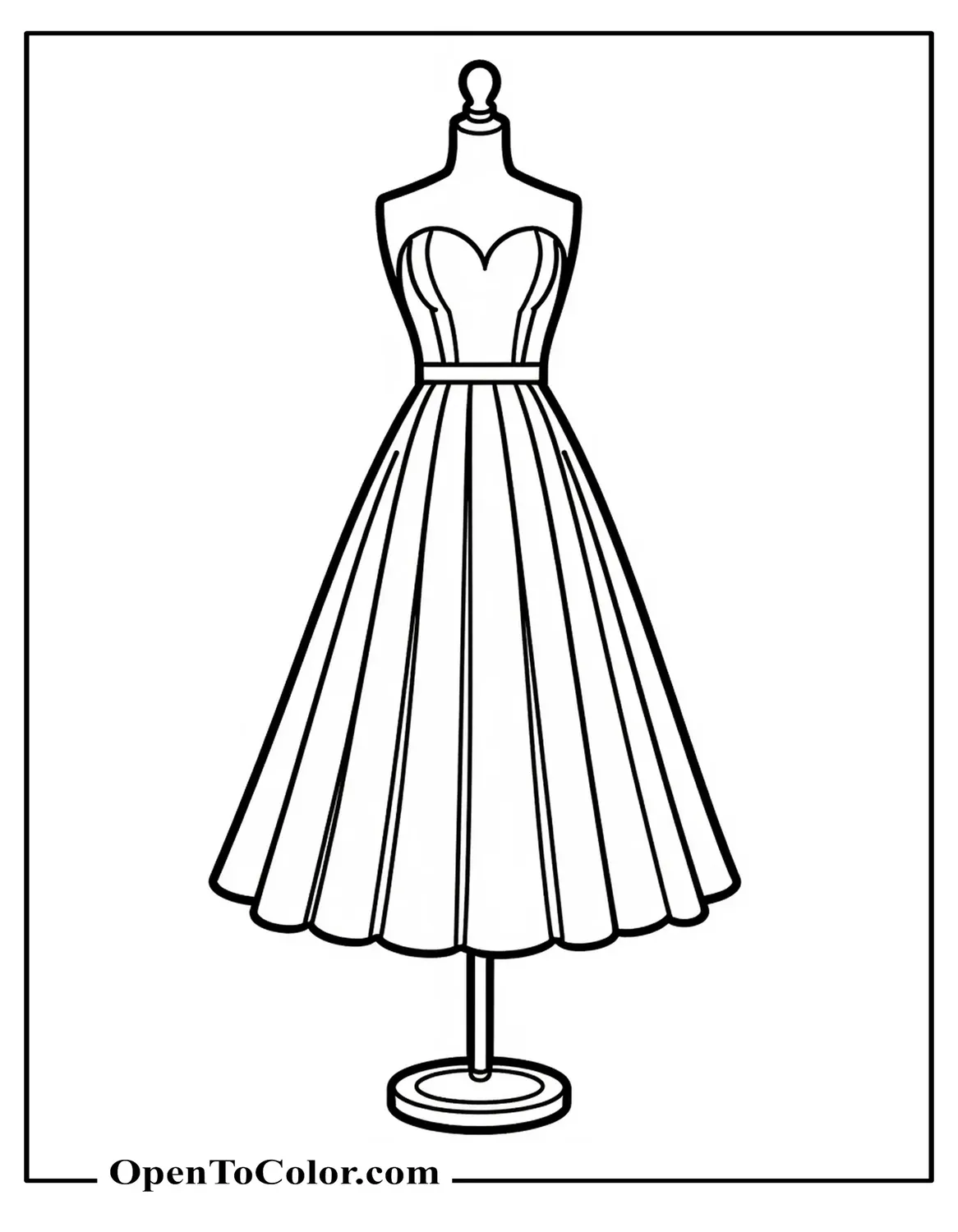 A-Line dress with sweetheart neckline on mannequin, clear outlines, coloring page, PDF.