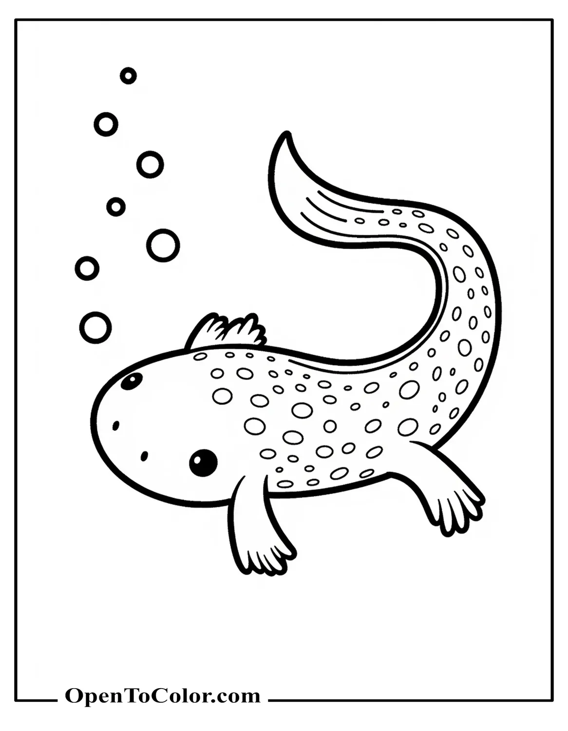 Free Axolotl Coloring Page Swimming Upward Trailing a Line of Bubbles