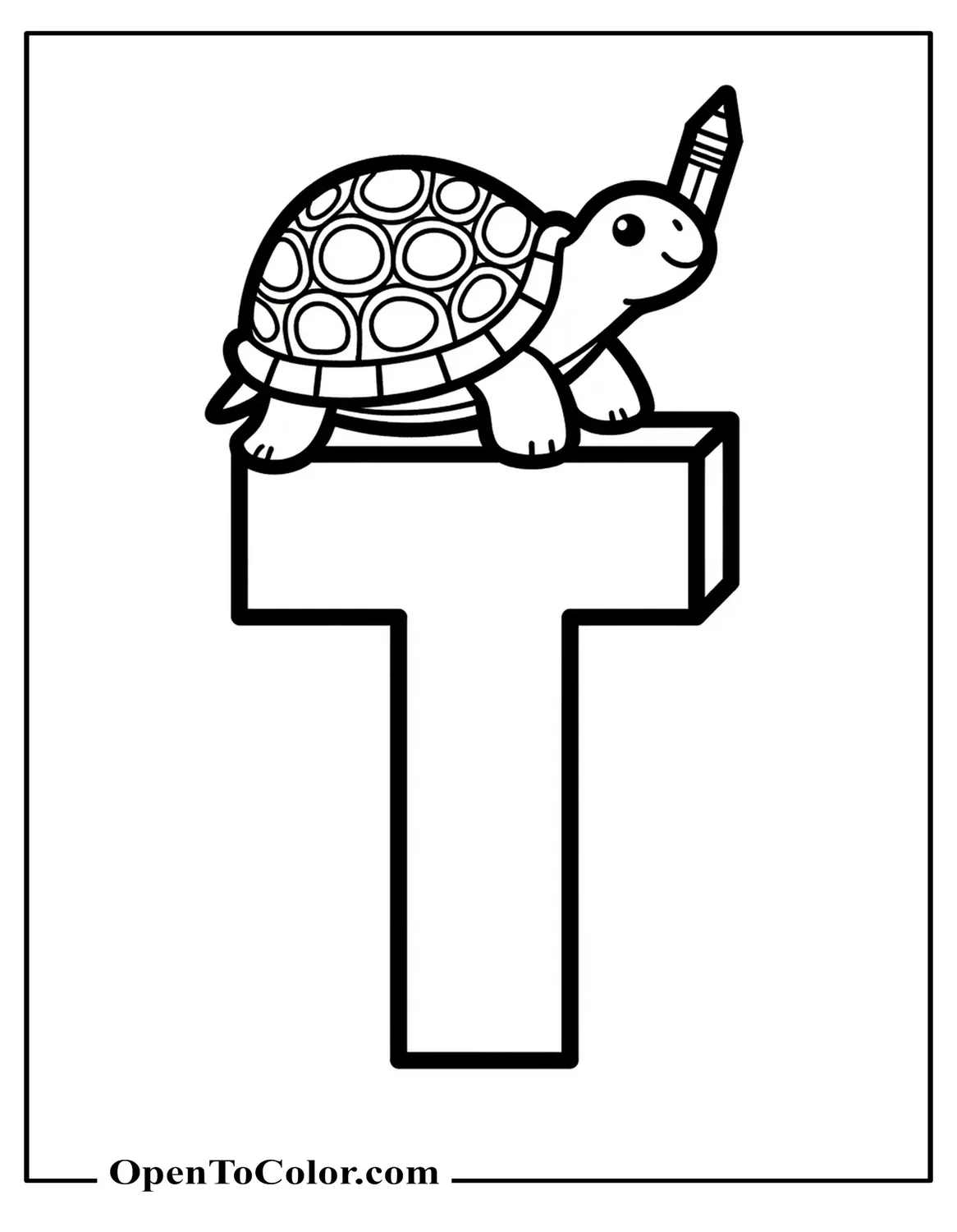 Printable coloring sheet featuring a large block letter “T” with a turtle perched on top holding a pencil.