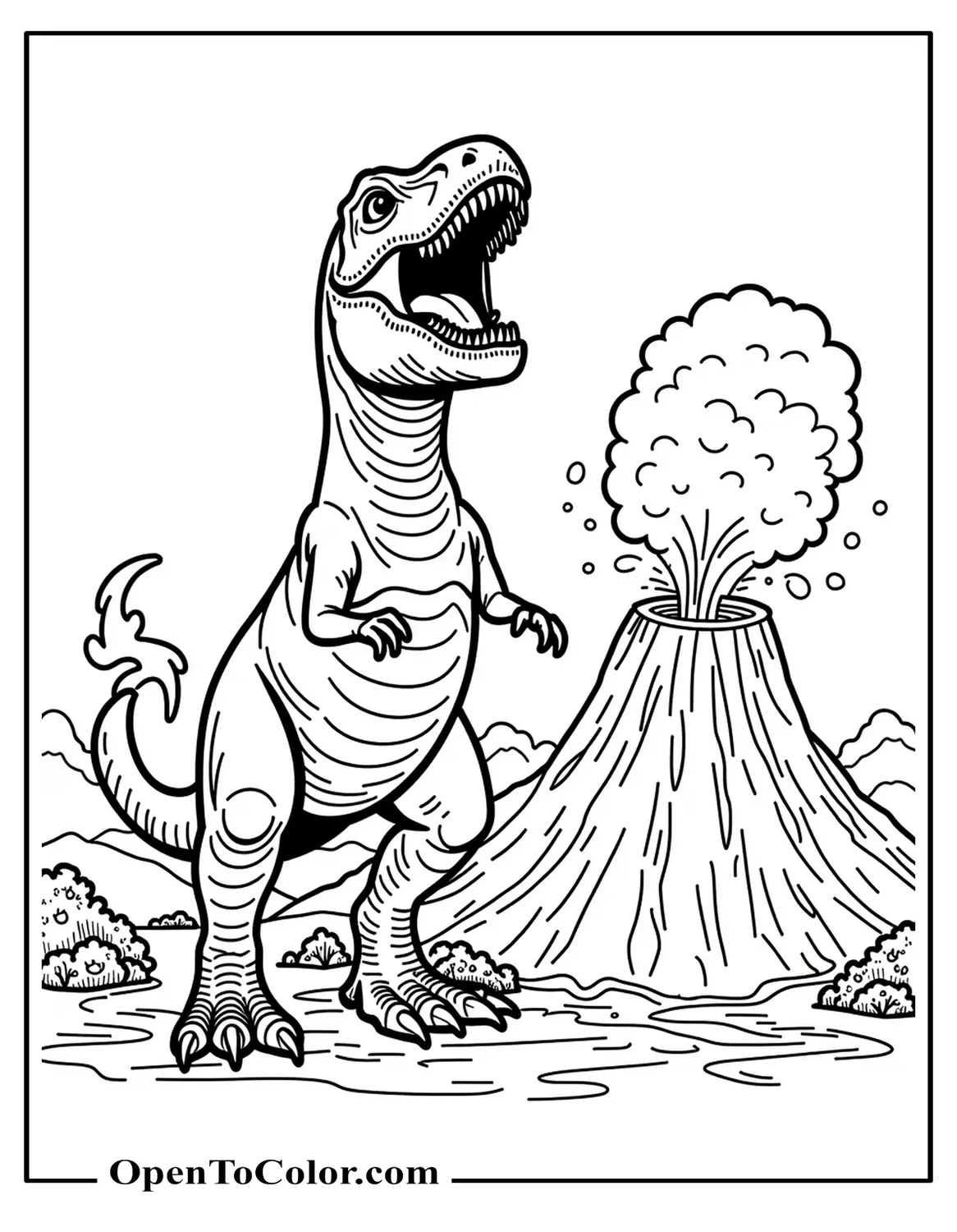 Free Coloring Page of T-Rex Roaring Beside Erupting Volcano