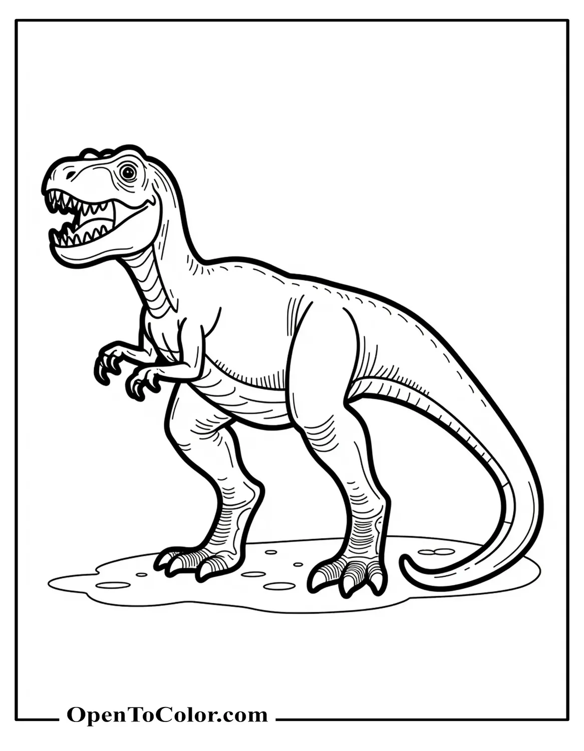 Printable Coloring Sheet of Simple Outline T-Rex Standing on Flat Plain