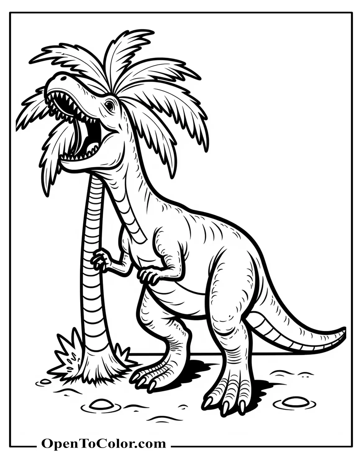 Cartoon T-Rex Roaring Beside A Palm Tree Coloring Page PDF