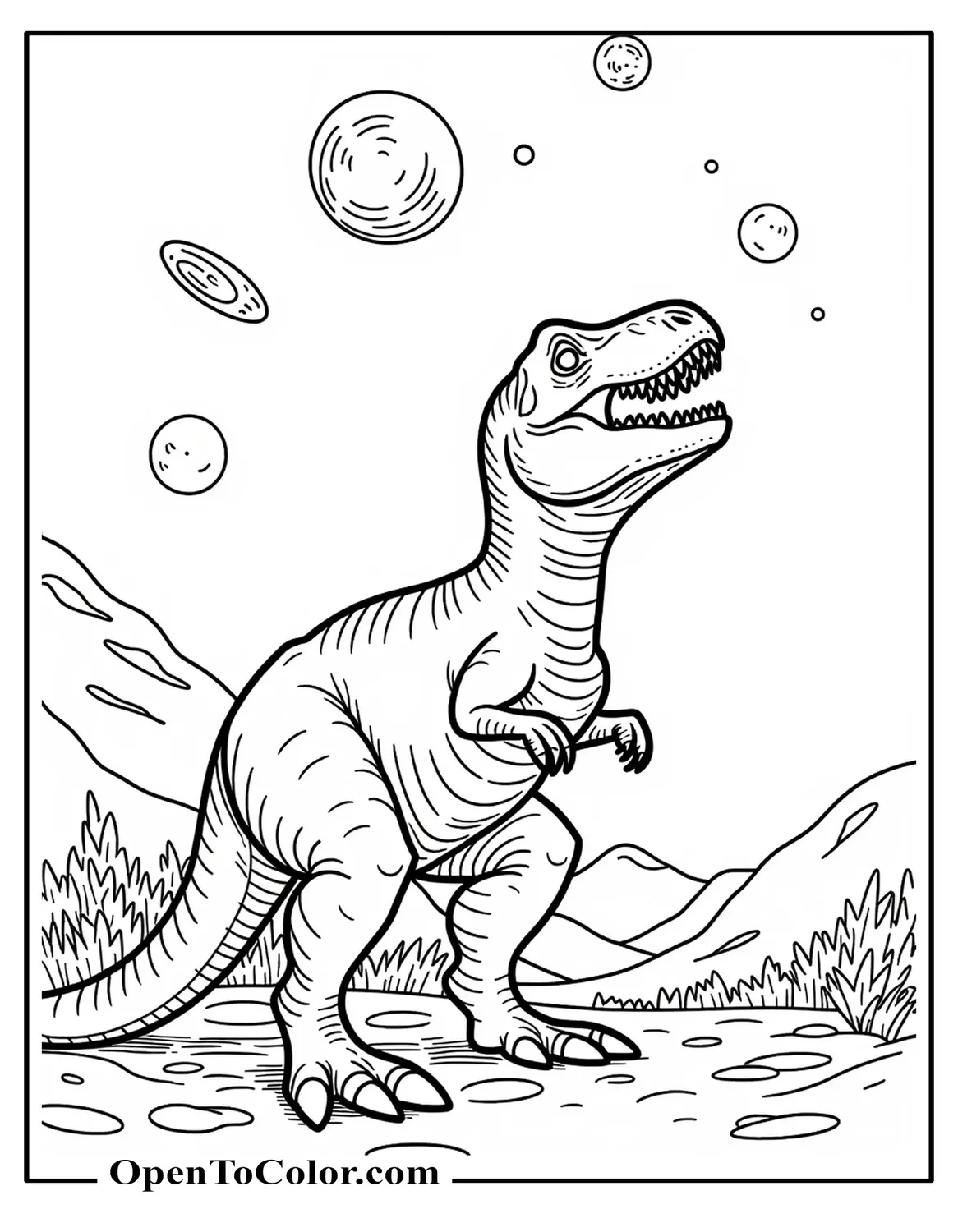 Printable Coloring Sheet of T-Rex Looking Up at Falling Asteroids