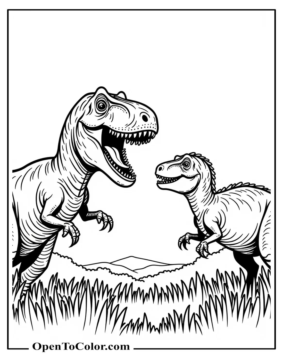 Printable T-Rex Confronting Velociraptor Coloring Sheet in Grassy Clearing