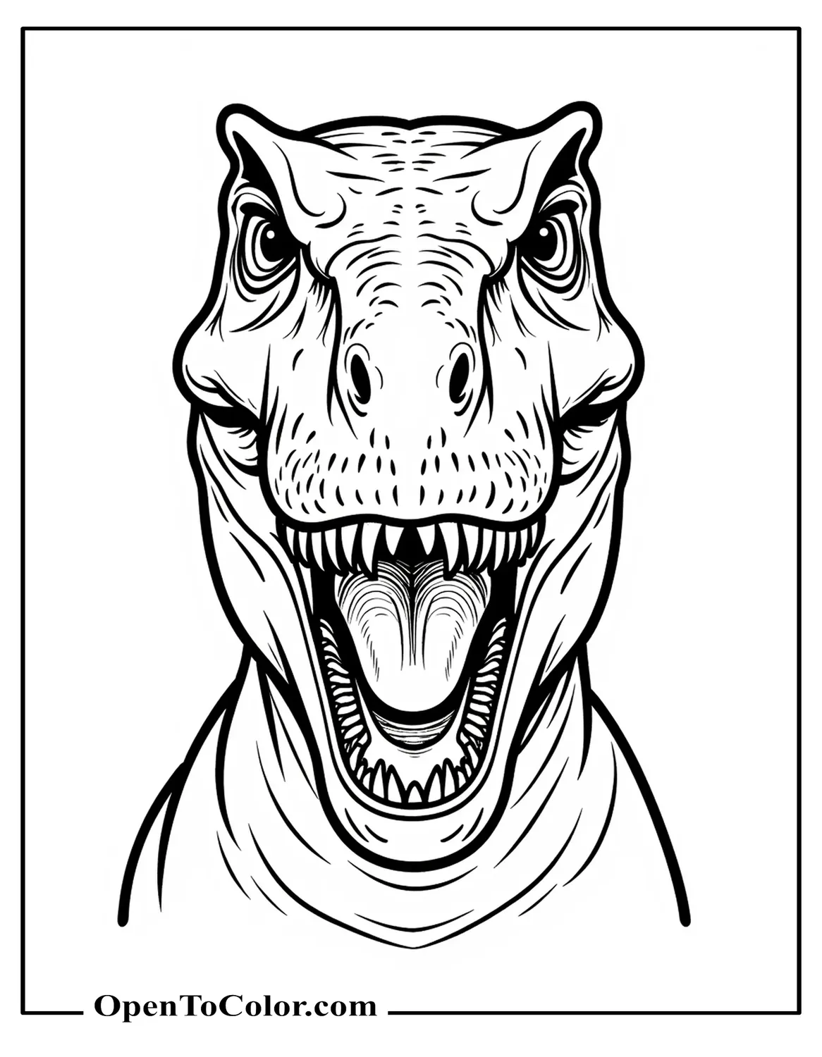 Front View T-Rex Head With Open Jaws Coloring Sheet Printable