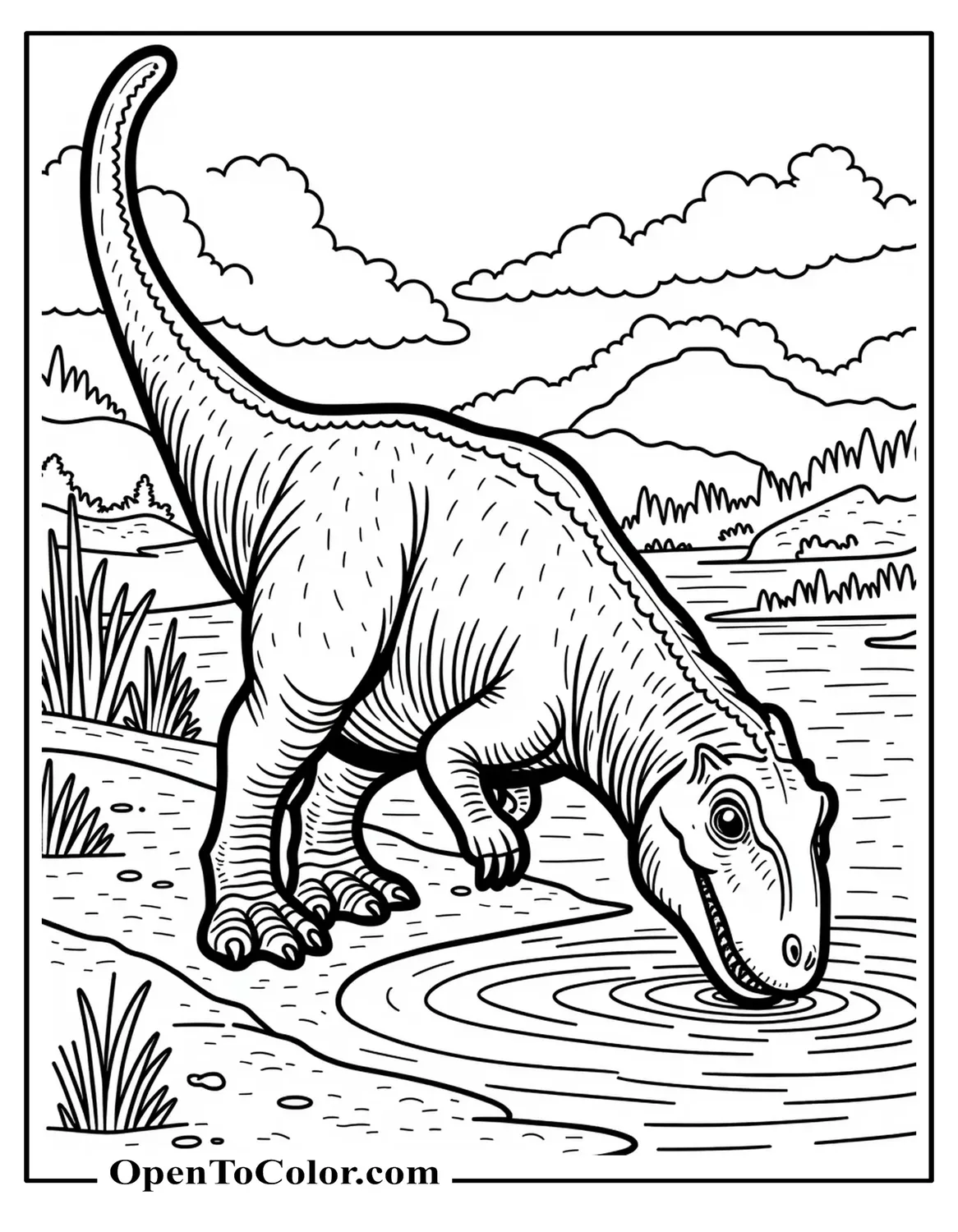 Realistic T-Rex Drinking at Waterhole Coloring Page Printable