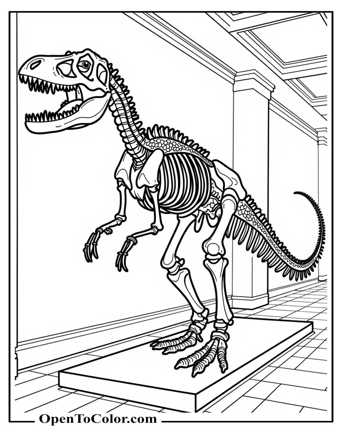 Printable Coloring Page of T-Rex Skeleton Mounted in Museum Hall