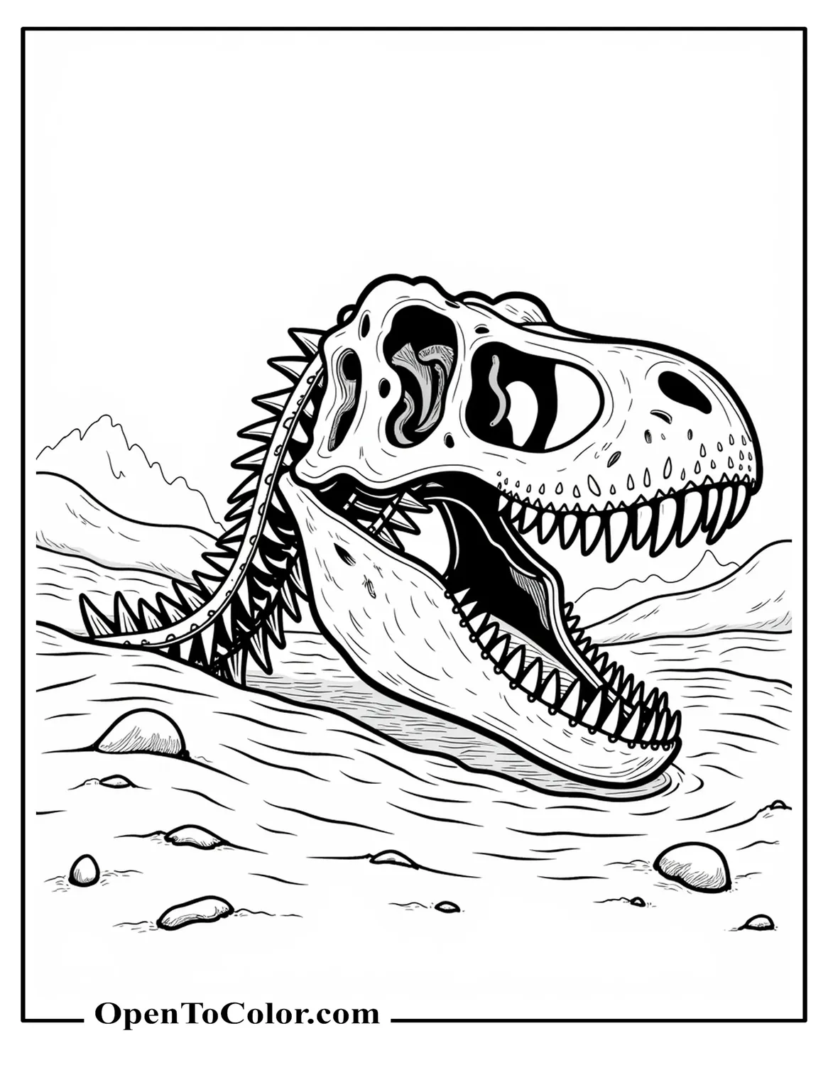 Printable coloring sheet of a T-Rex skull half-buried in desert sand