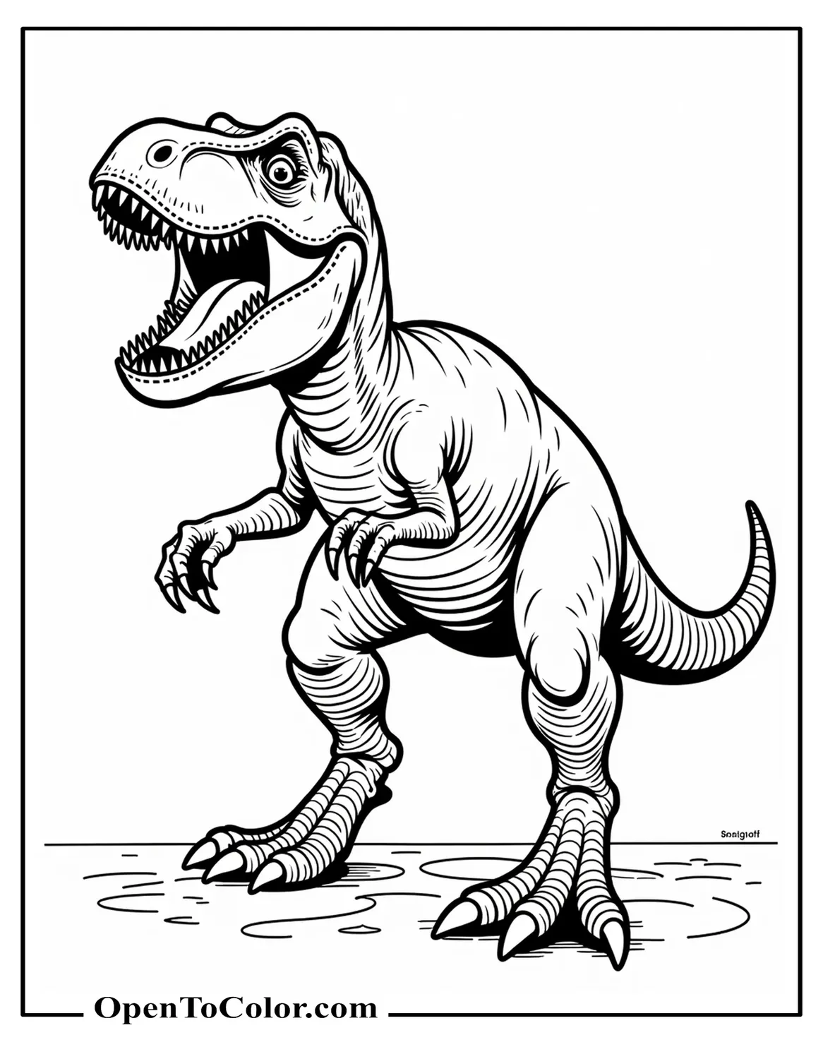 T-Rex lunging with sharp claws and teeth coloring page PDF