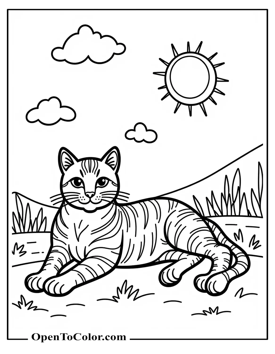 Free Tabby Cat With Stripes Lying In The Sun Coloring Page
