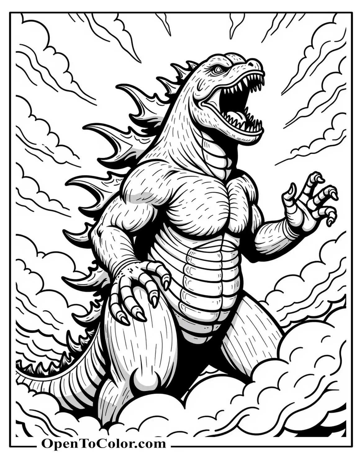 Terrifying Godzilla Coloring Page with Elongated Claws and Fanged Snarl, Printable with Storm Clouds Swirling Overhead, Horror Style