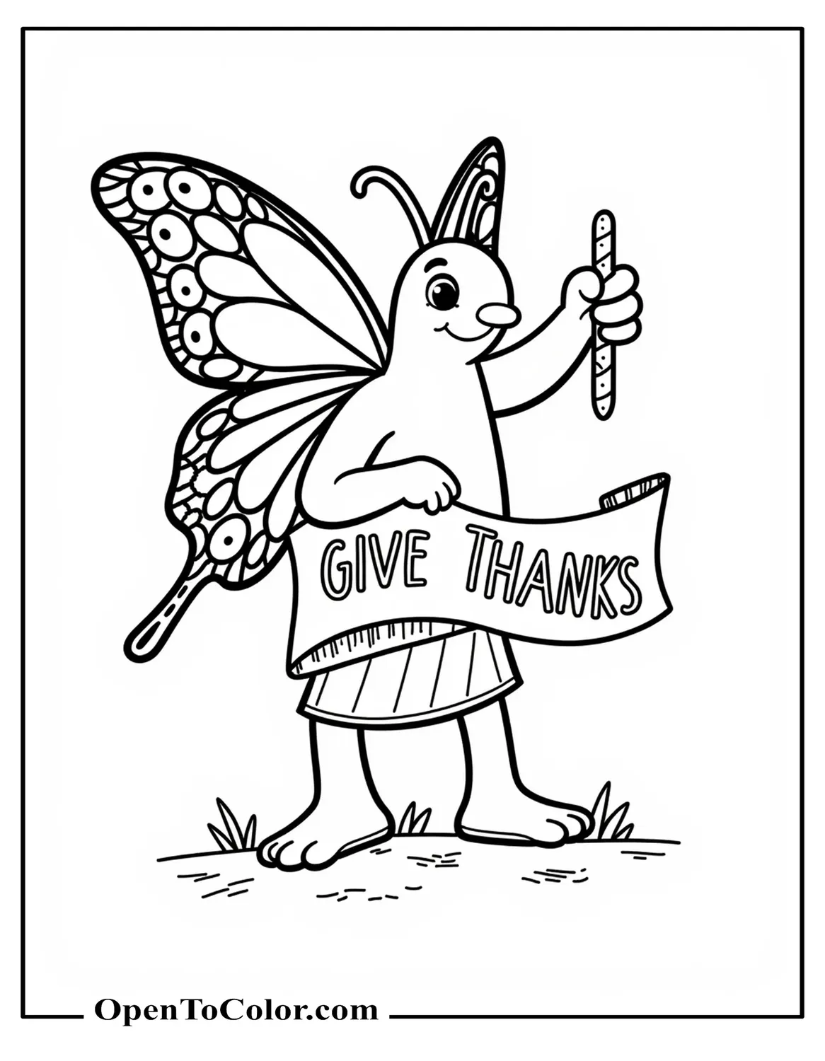 Butterfly Presenting A Give Thanks Banner For Thanksgiving Coloring Sheet PDF