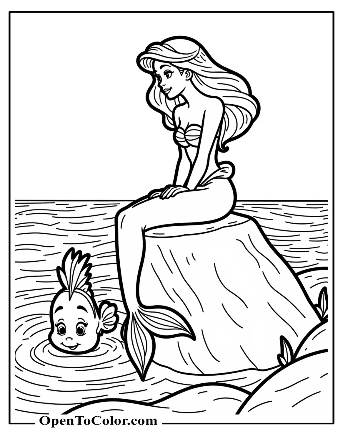 Ariel perched on a seaside rock with waves crashing, Flounder peeking from the water in cartoon style, printable coloring sheet.
