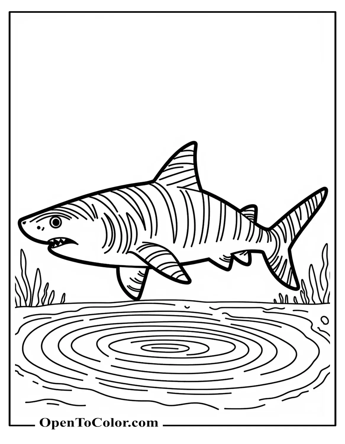 Tiger Shark With Stripe Patterns Circling Seafloor Coloring Page PDF