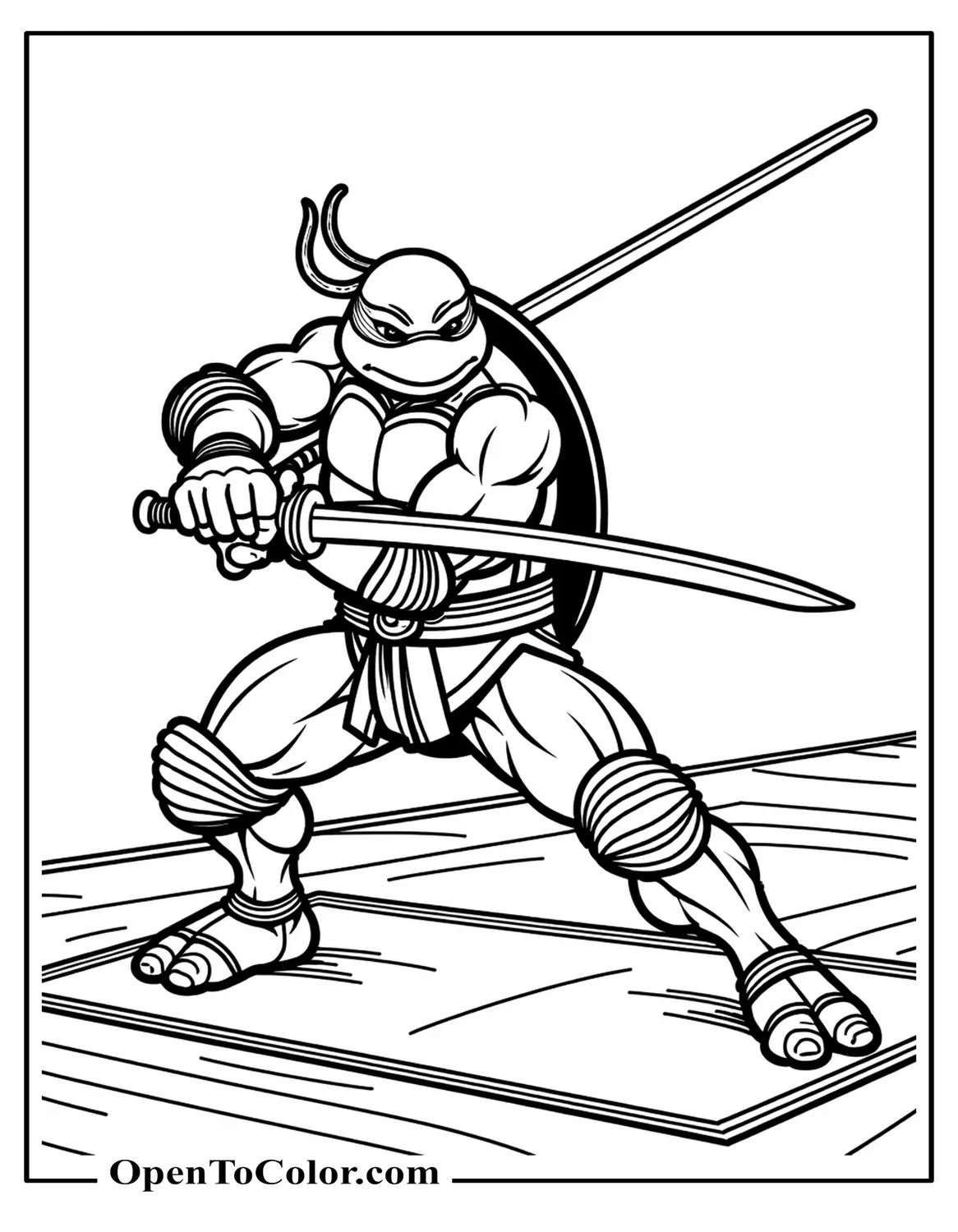 Printable TMNT Leonardo Ninja Turtle Coloring Sheet Practicing Sword Kata on Dojo Mat, Traditional Setting