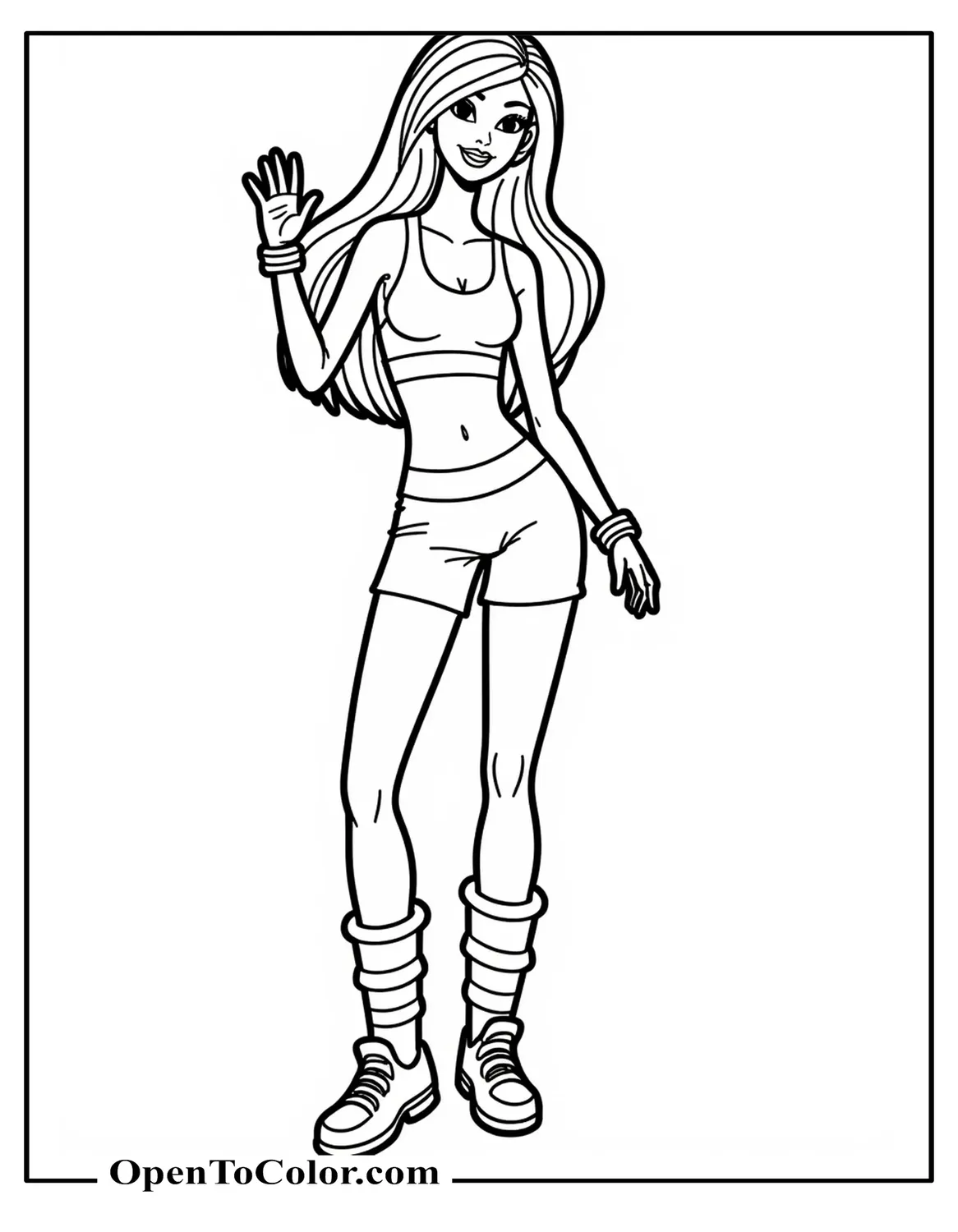 Free Toy Story Barbie Waving Coloring Page Wearing a Workout Outfit and Leg Warmers