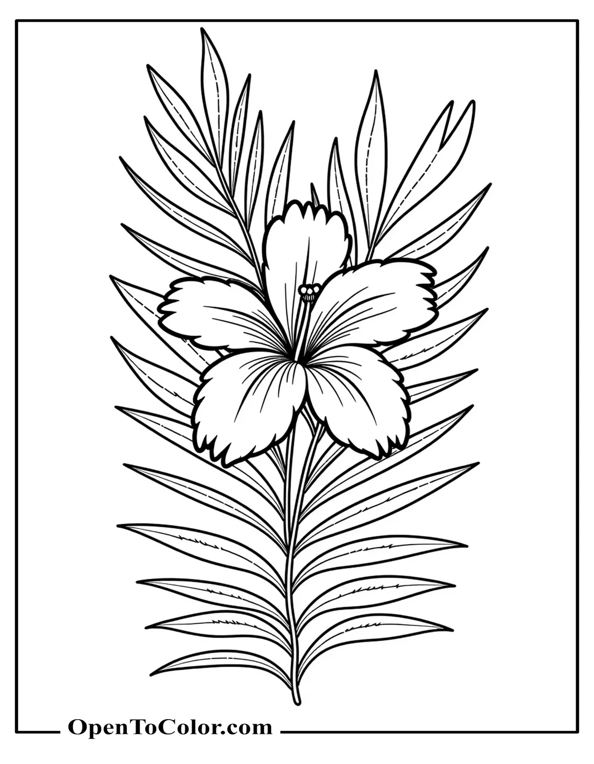 Free Coloring Sheet of Realistic Tropical Flower with Leaves and Palm Fronds