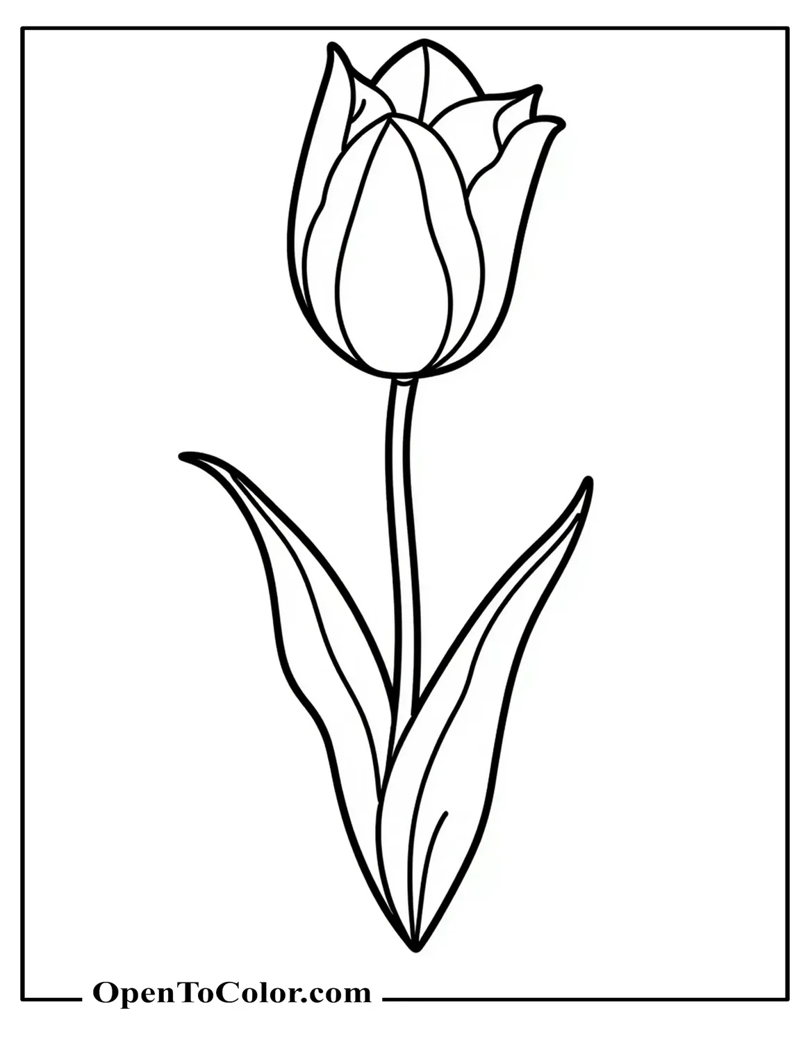 Free Coloring Page of Tulip with Curved Stem and Two Narrow Leaves