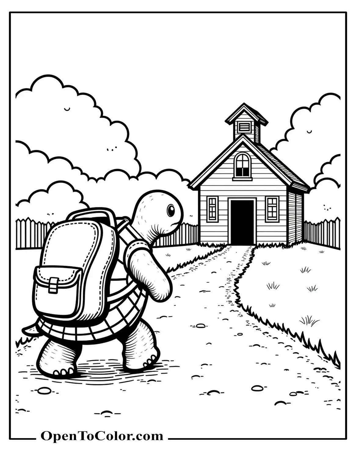 Free Coloring Page of a School-Bound Turtle With Backpack Walking Toward a One-Room Schoolhouse