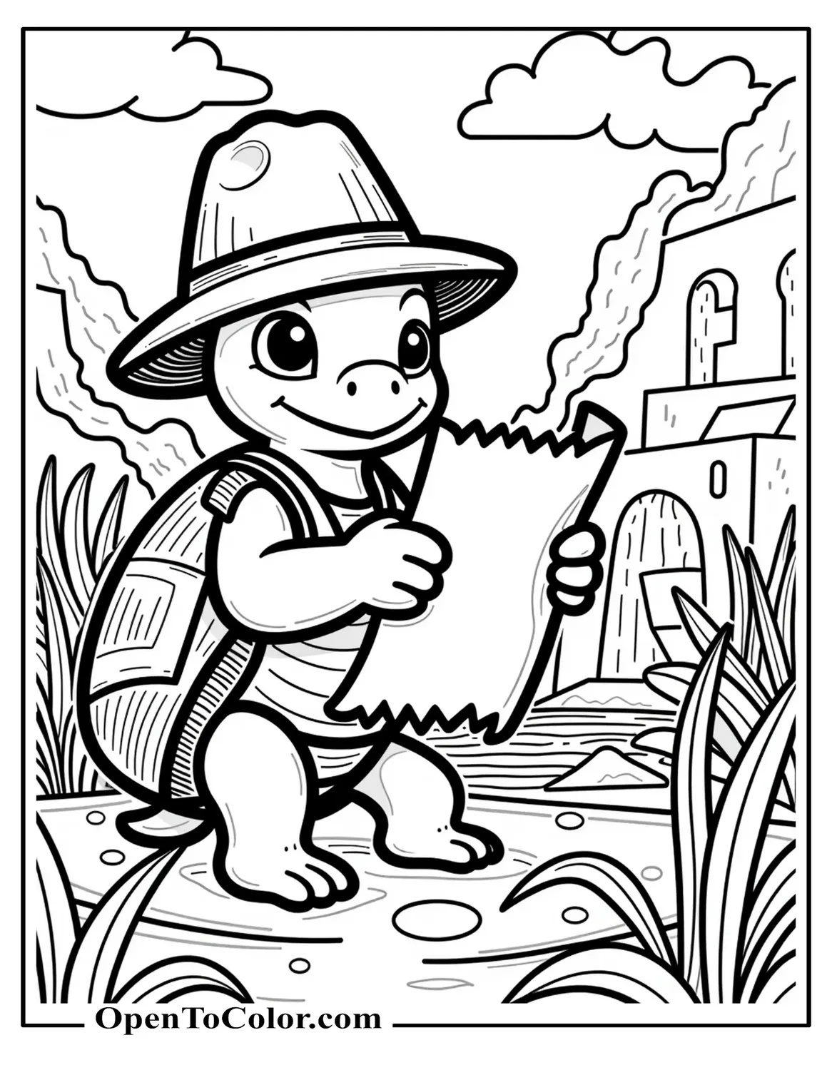 Turtle Explorer Wearing A Safari Hat Studying An Old Treasure Map Beside Jungle Ruins Coloring Page PDF