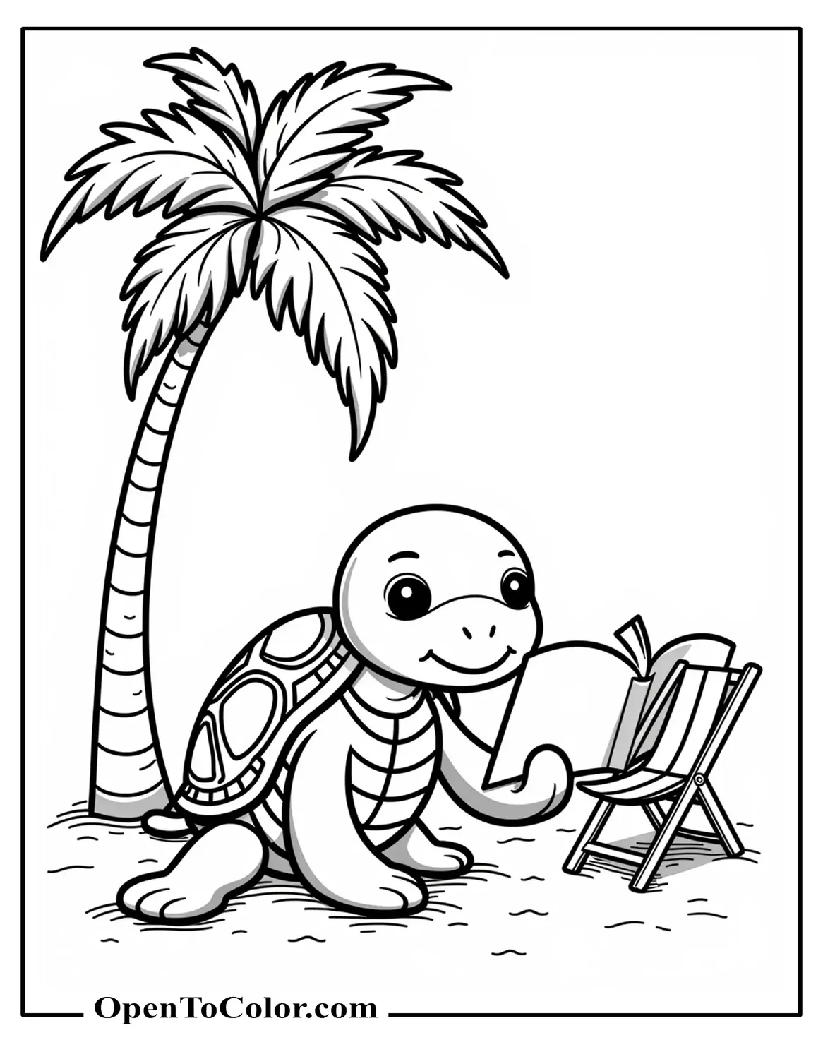 Free Coloring Page: Turtle Reading a Storybook Beneath a Palm Tree with a Tiny Beach Chair Nearby