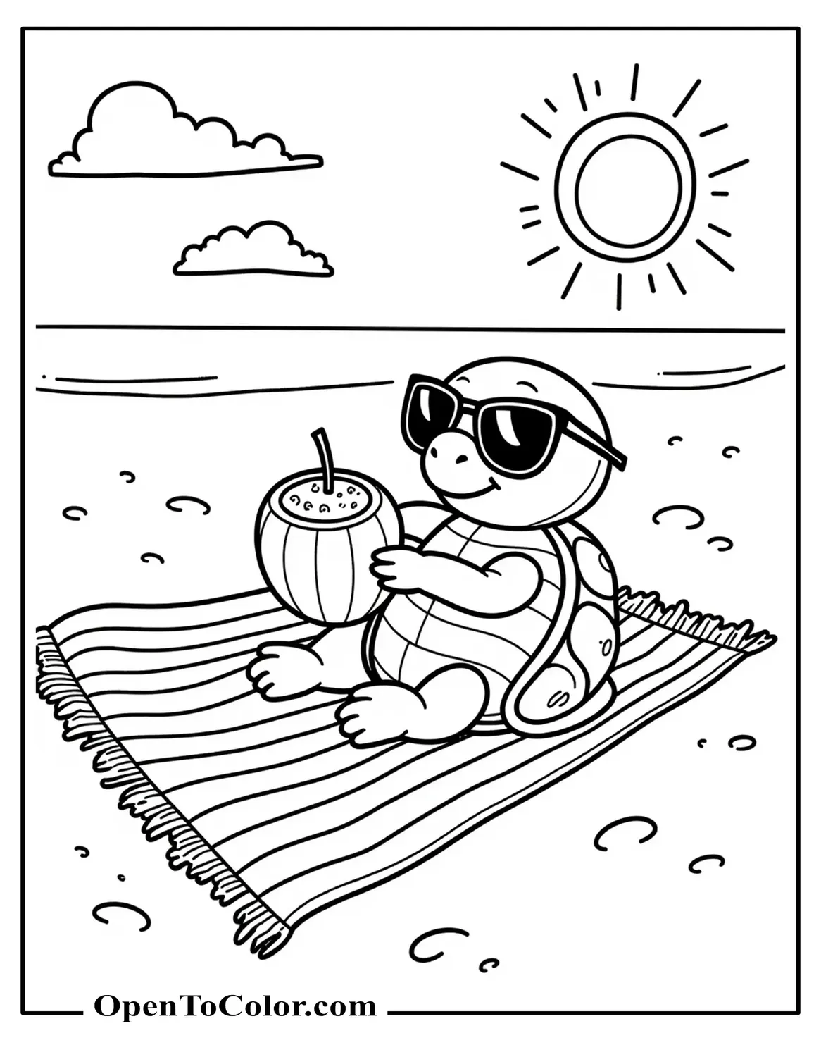 Free Coloring Page of Turtle Sunbathing on a Striped Beach Towel Wearing Sunglasses and Sipping from a Coconut