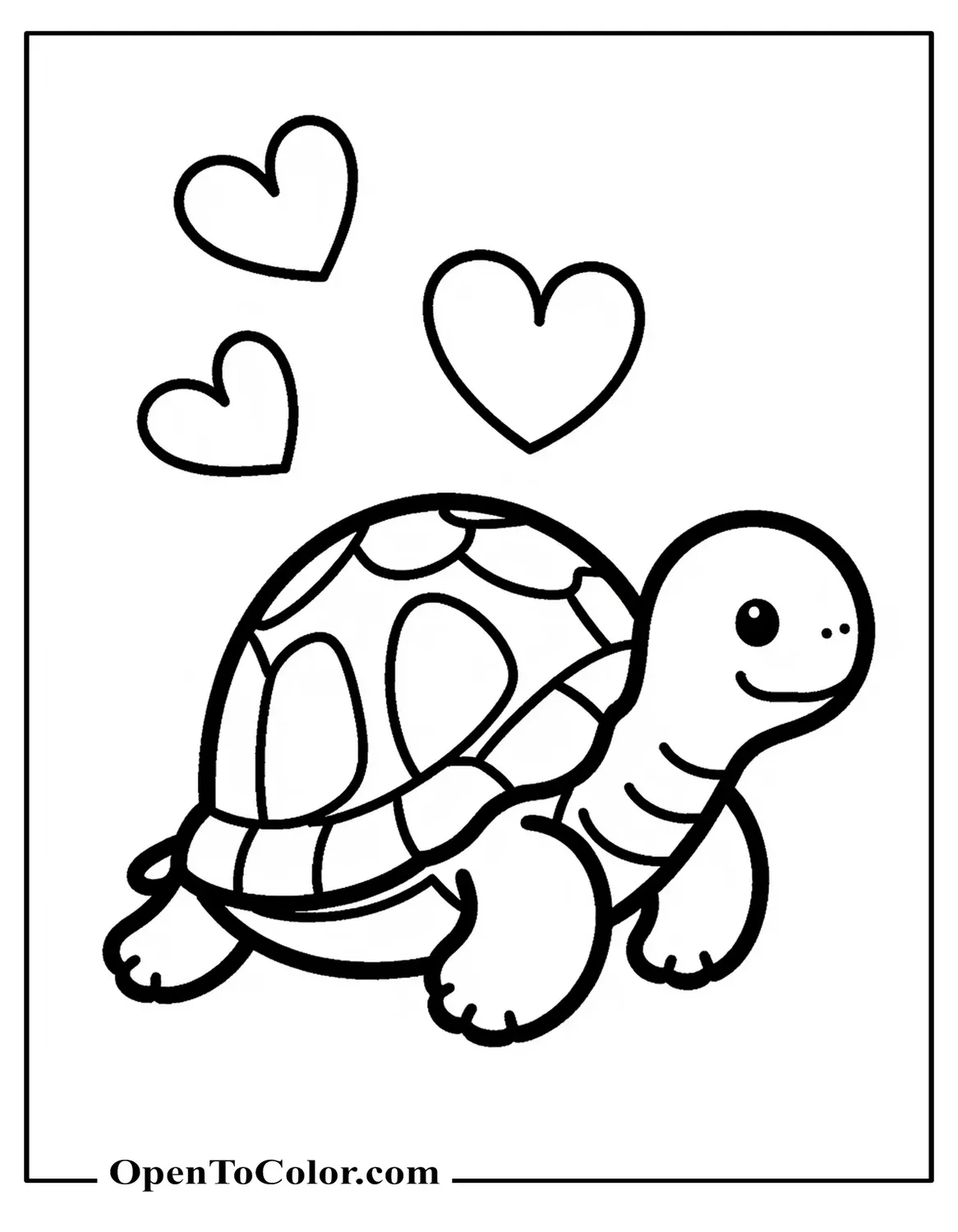 Coloring Sheet PDF of Turtle Sending Floating Heart Shapes From Its Shell While Smiling Shyly