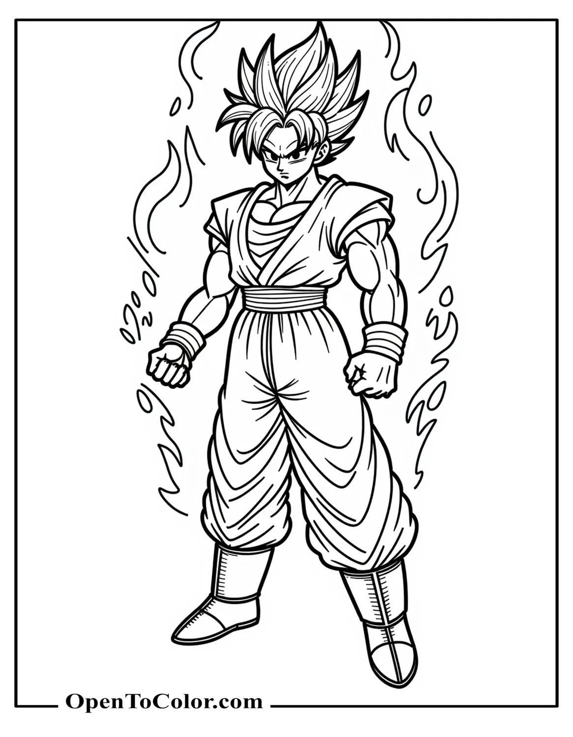 Free Coloring Page of Ultra Instinct Goku Calm Stance, Silver Aura Swirling Like Flames