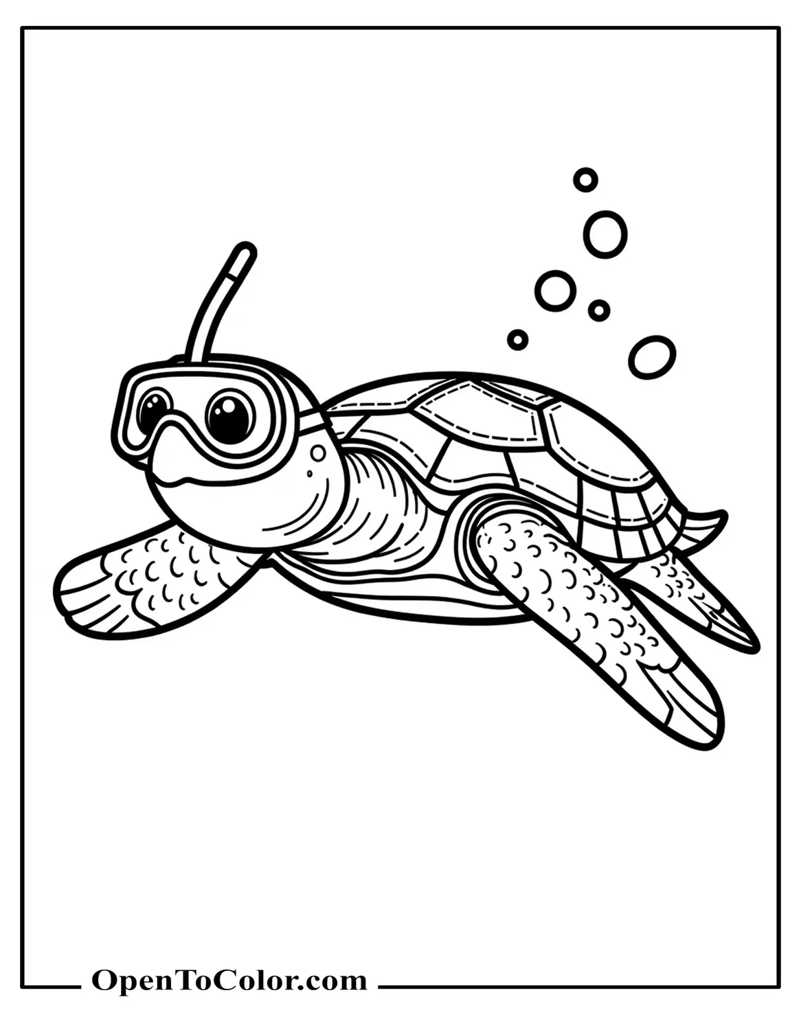 Free Coloring Sheet of Turtle Underwater Wearing a Snorkel Mask and Swim Fins, Bubbles Around