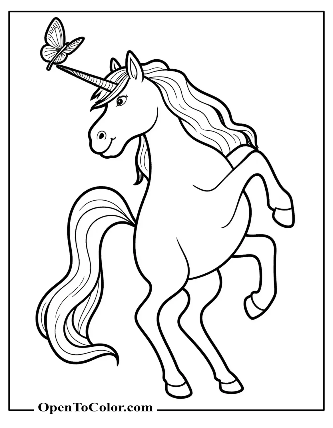 Free Realistic Grown Up Unicorn Coloring Page With Butterflies on Horn and Nose