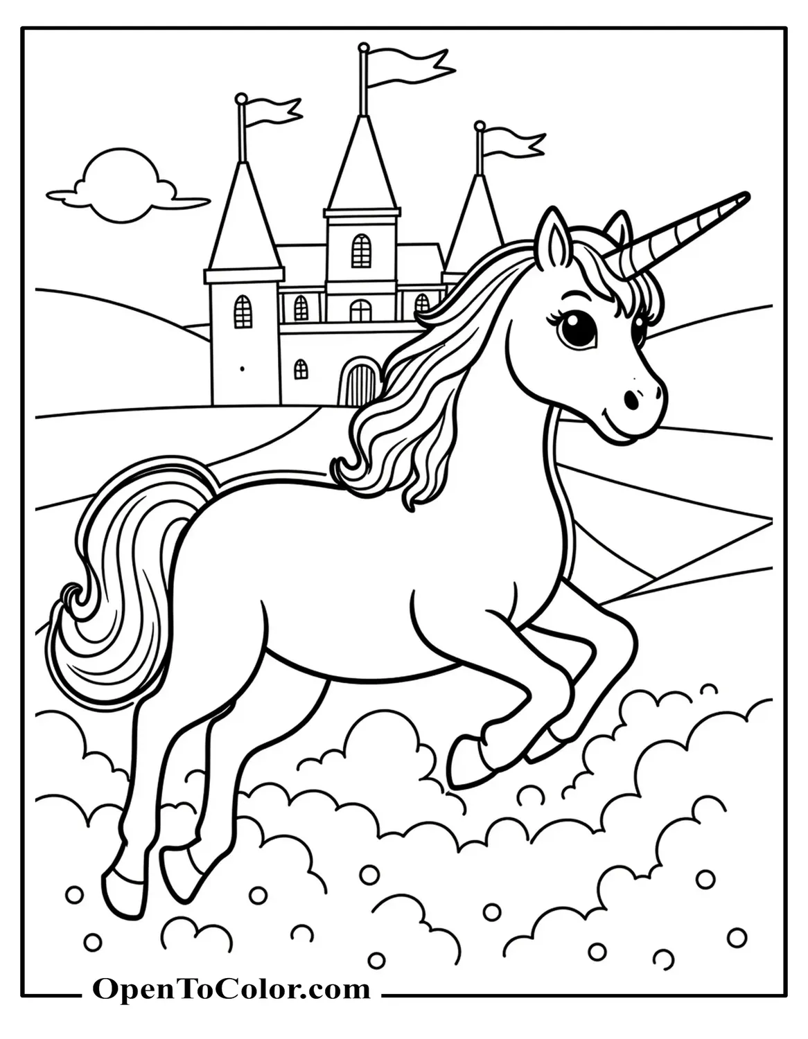 Printable coloring sheet of a unicorn flying in front of a big castle with flags.