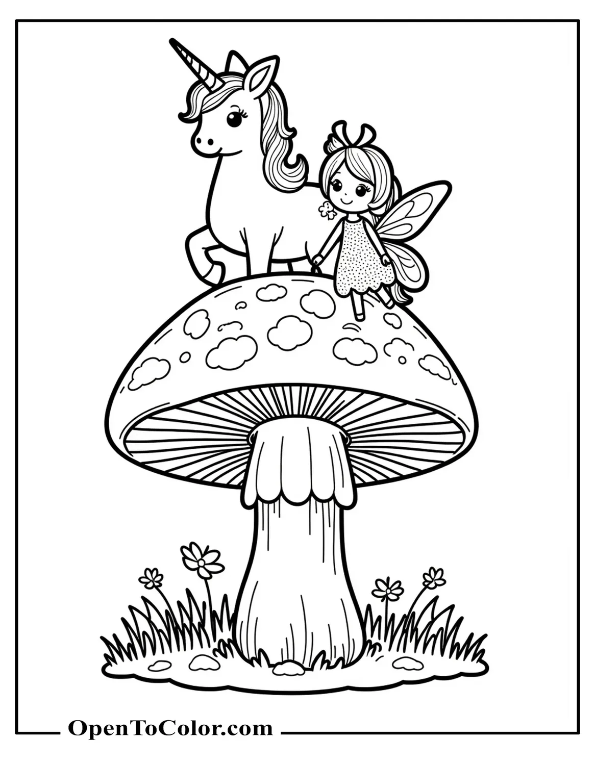 Unicorn and Fairy Sitting on a Gigantic Mushroom Coloring Page PDF