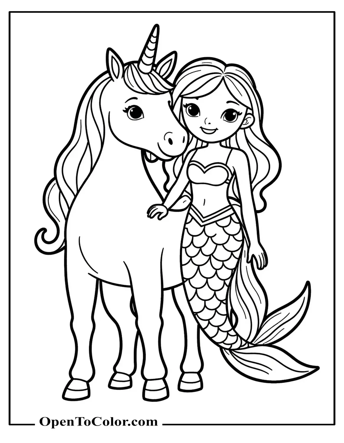 Unicorn and Mermaid Swimming Together Coloring Sheet PDF