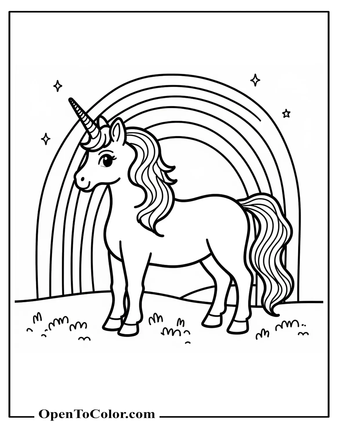 Unicorn standing beneath sweeping rainbow, small stars surrounding, coloring sheet PDF.