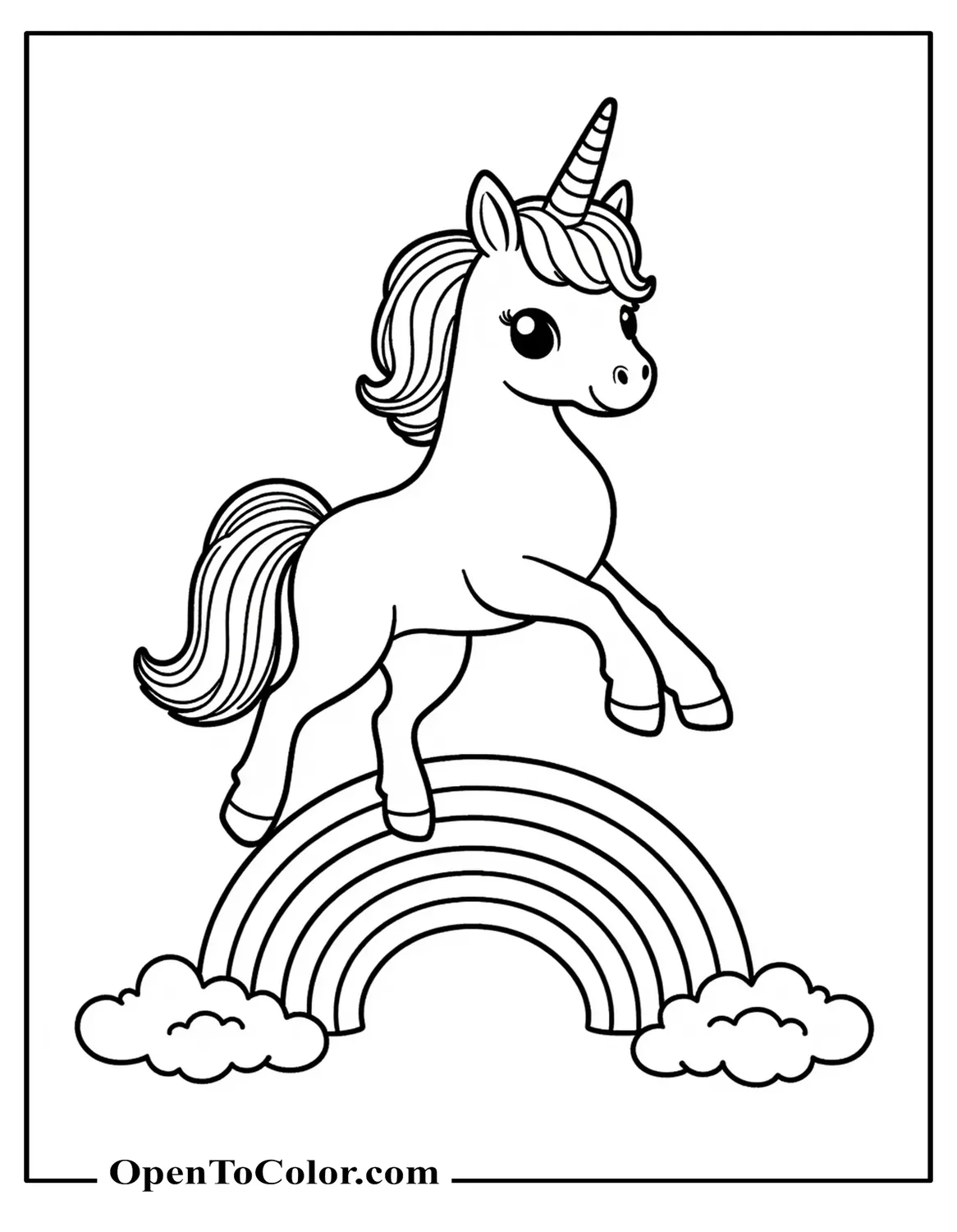 A coloring sheet PDF of a unicorn jumping across rainbows