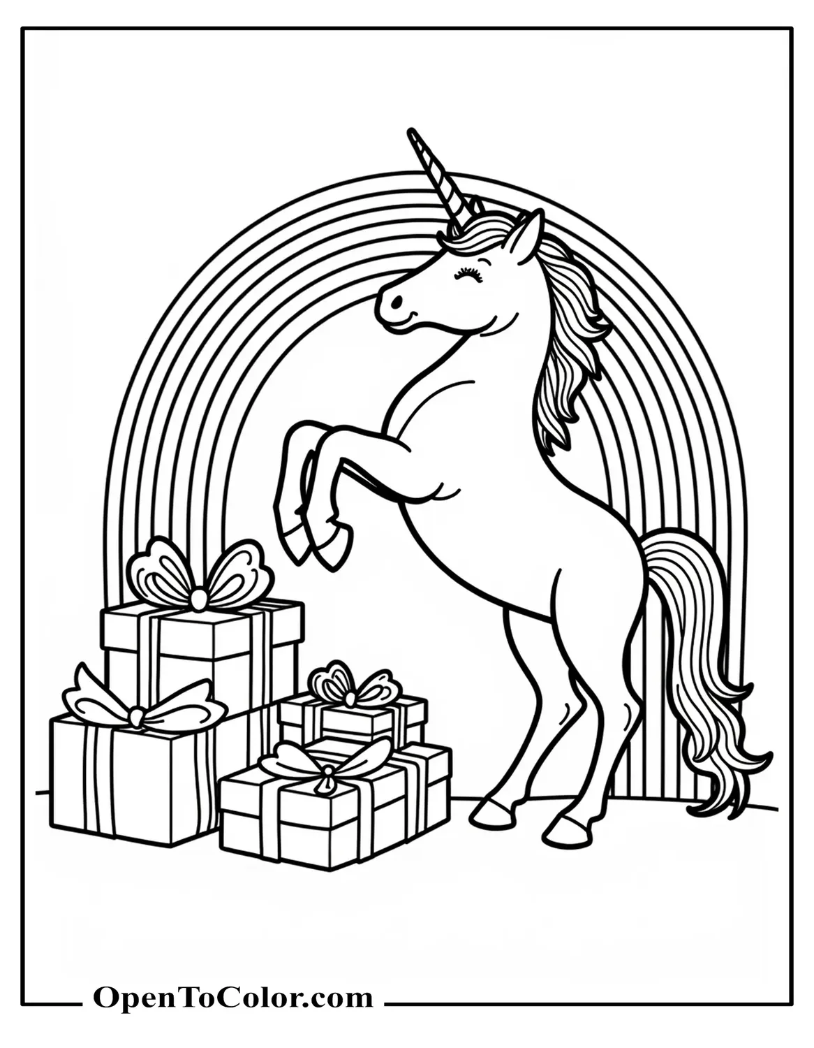 Printable Coloring Sheet of a Unicorn With Balloons and Text Happy B-Day! Written on a Festive Ribbon