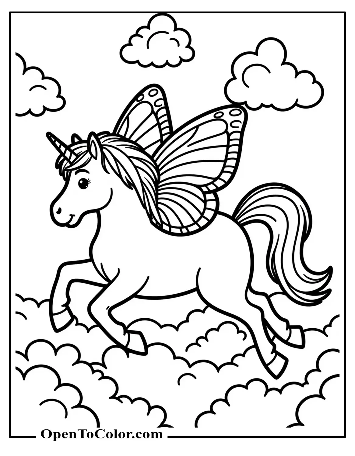 Free Coloring Page of a Unicorn with Butterfly Wings Galloping Above Fluffy Clouds